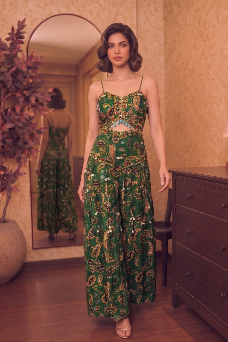 Emerald Green Embroidered Crepe Silk Jumpsuit