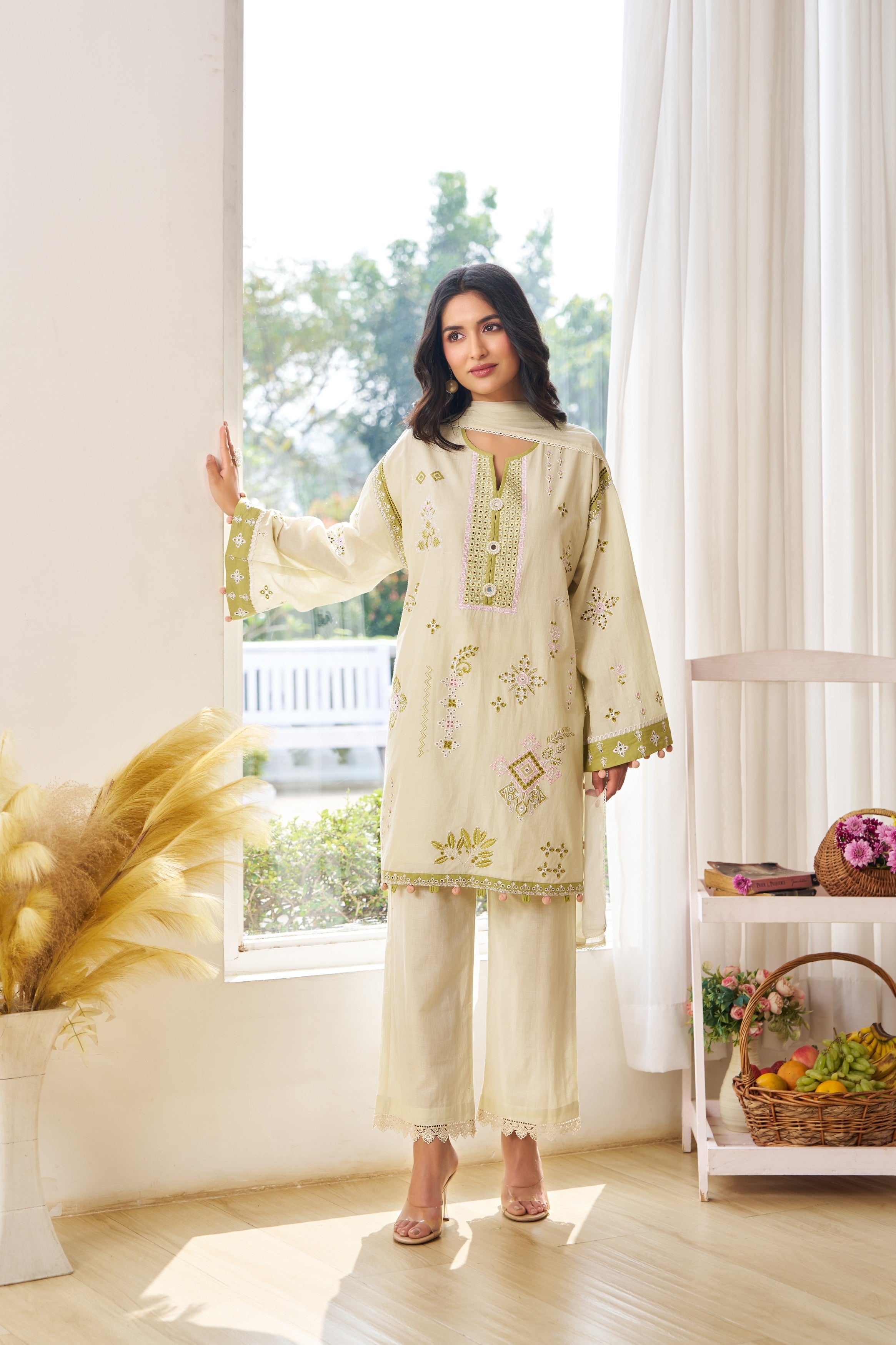 Soft Green Threadwork Cotton Pant Set