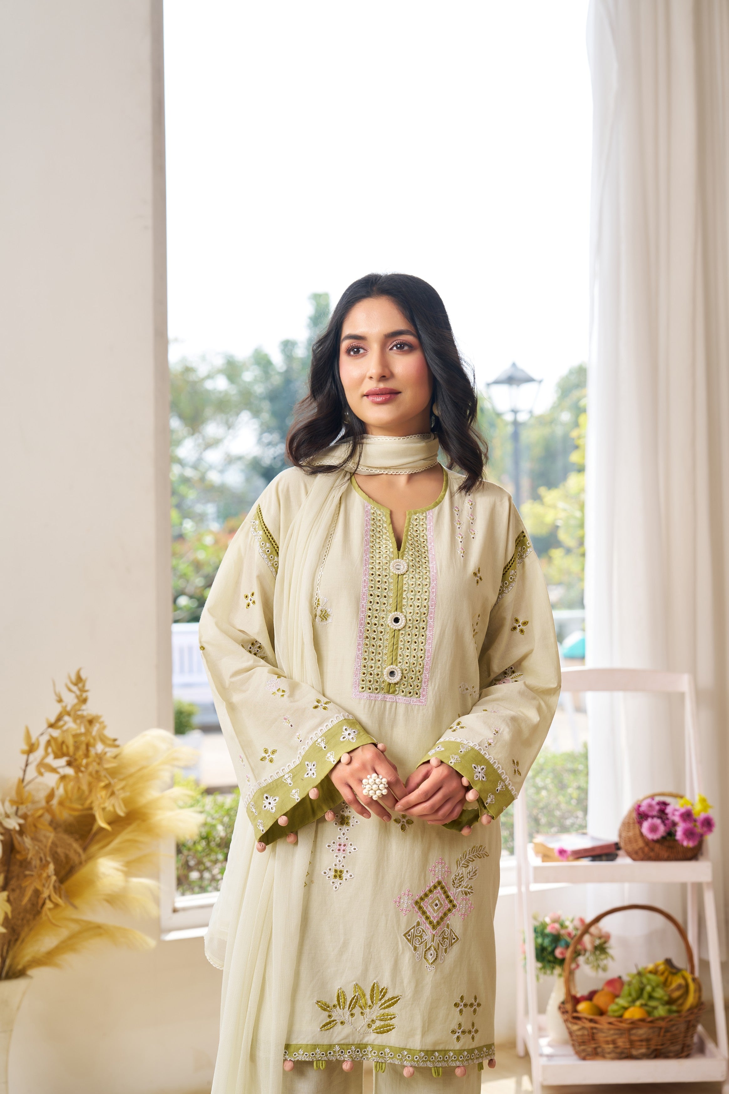 Soft Green Threadwork Cotton Pant Set