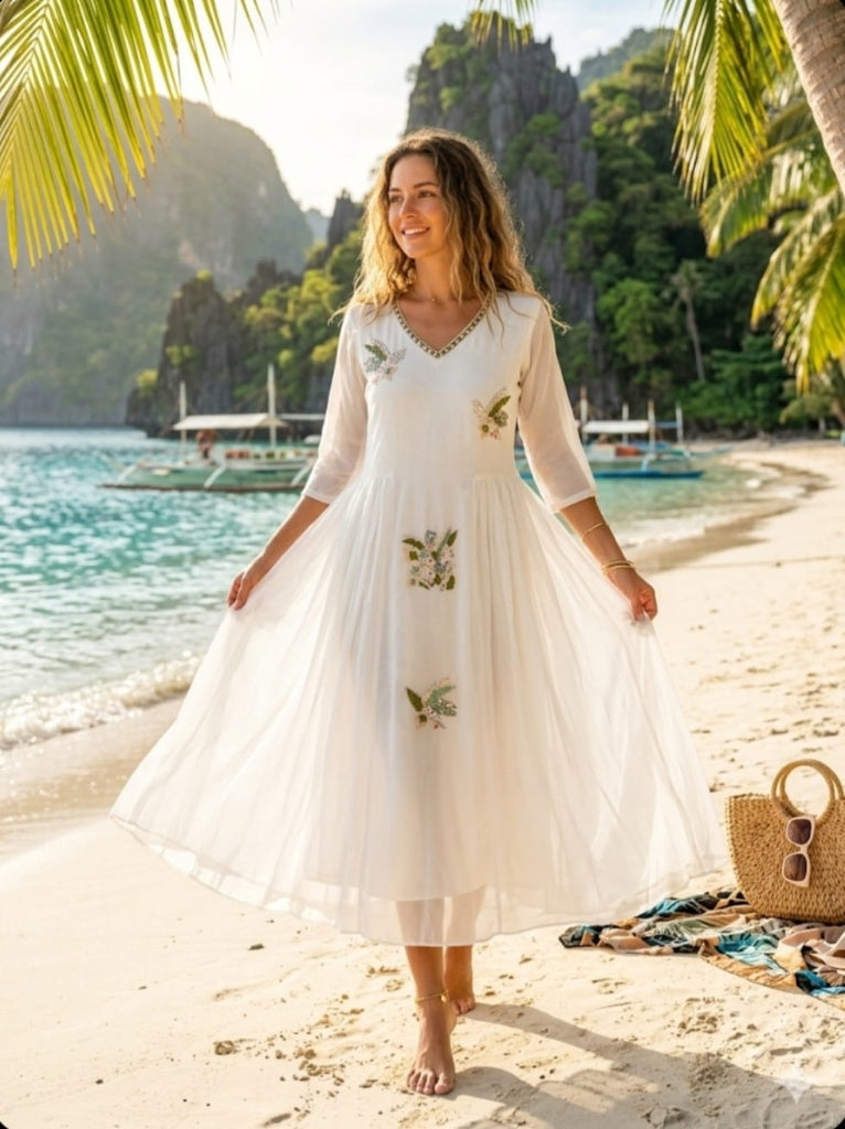Ethereal White Embellished Mul Chanderi Dress