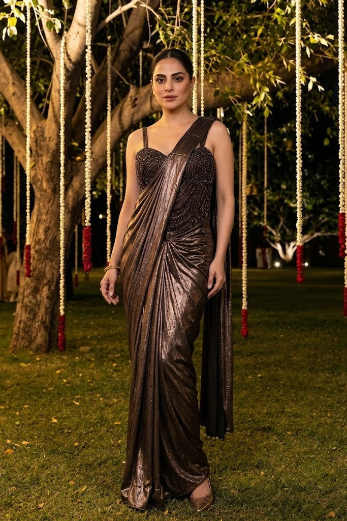 Metallic Bronze Embellished Spandex Lycra Silk Draped Saree