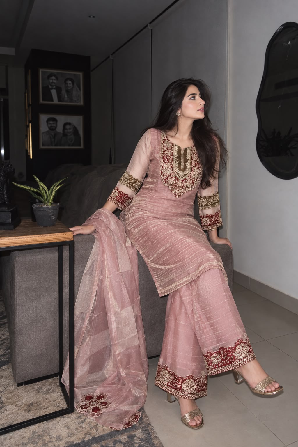 Dusty Mauve Pink Embellished Shimmer Tissue Pant Set