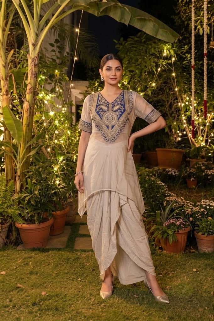 Champagne Blue Embellished Crepe Silk Skirt Set