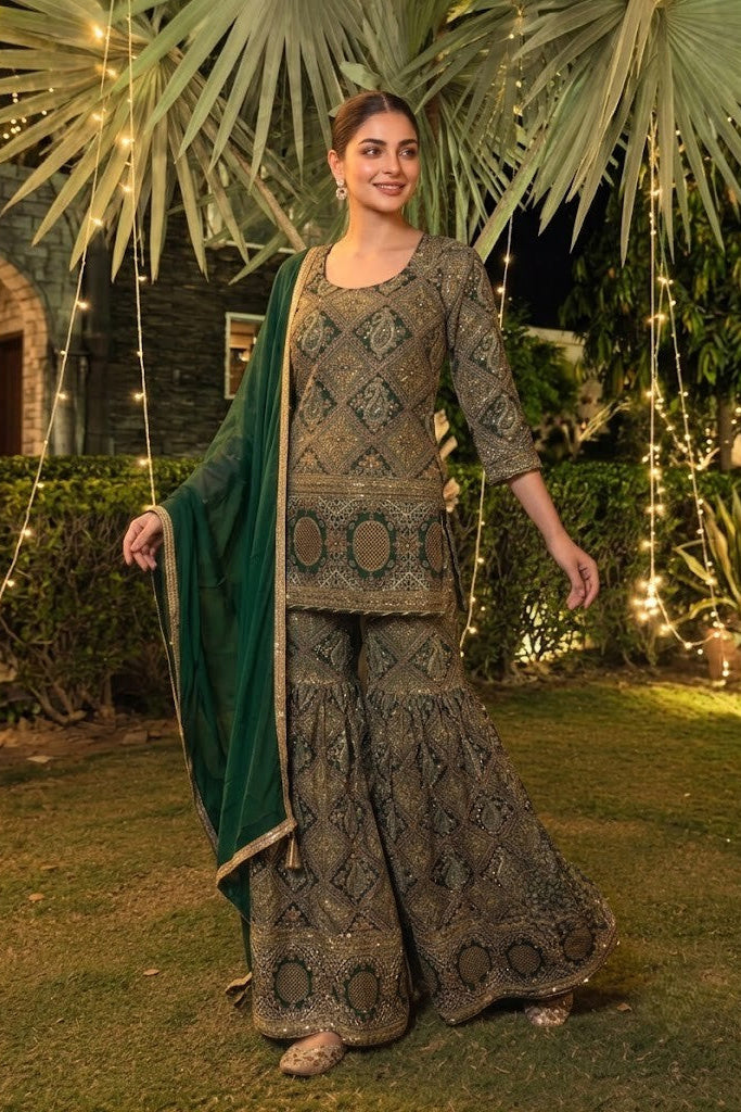Emerald Green Embellished Crepe Silk Sharara Set