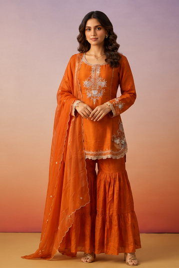 Saffron Orange Embellished Chinon Silk Sharara Set
