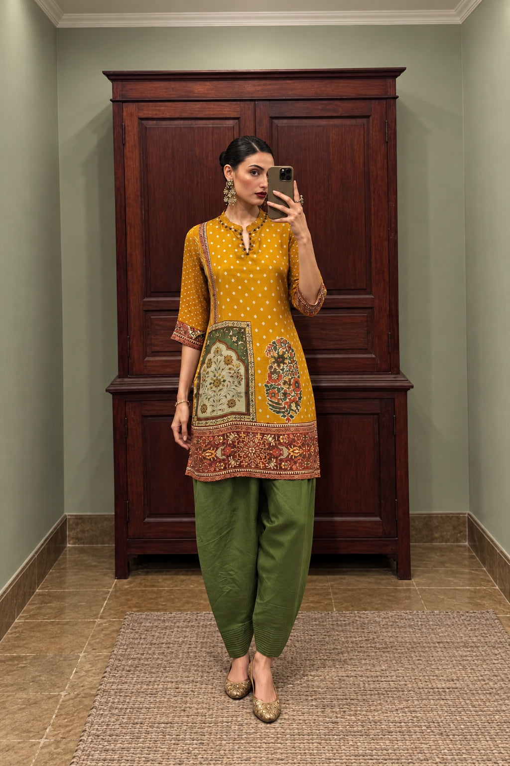 Marigold Printed Crepe Silk Farshi Salwar Set