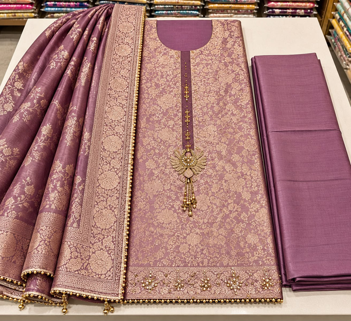 Mauve Embellished Brocade Silk Unstitched Suit Set