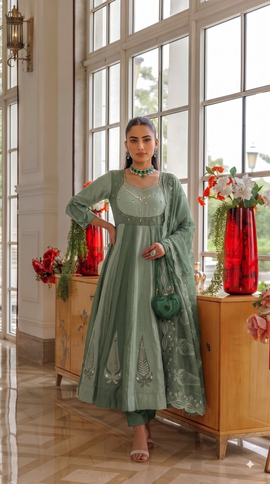 Green Pastel Embellished Shimmer Tissue Silk Anarkali Set