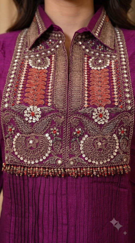 Luxe Wine Embellished Dola Silk Co-Ord Set