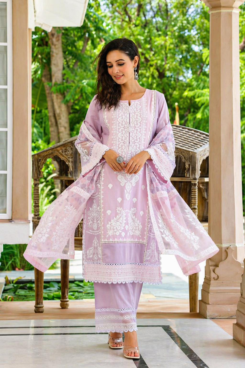 Lilac Embroidered Mul Cotton Pant Set