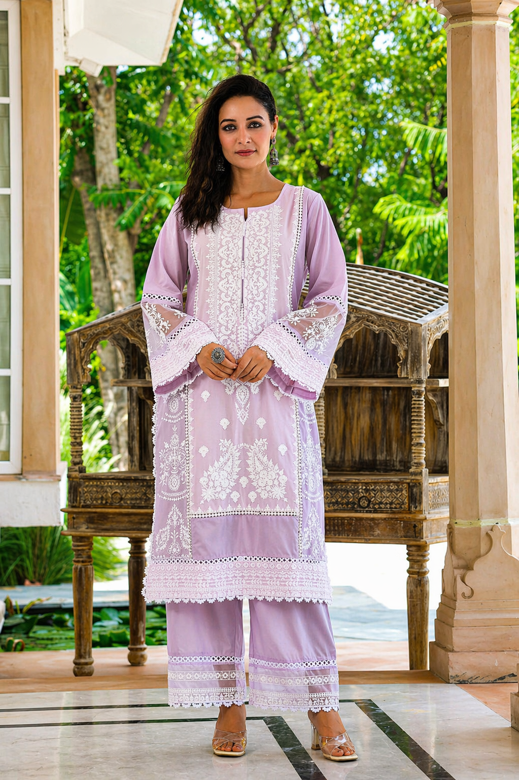Lilac Embroidered Mul Cotton Pant Set