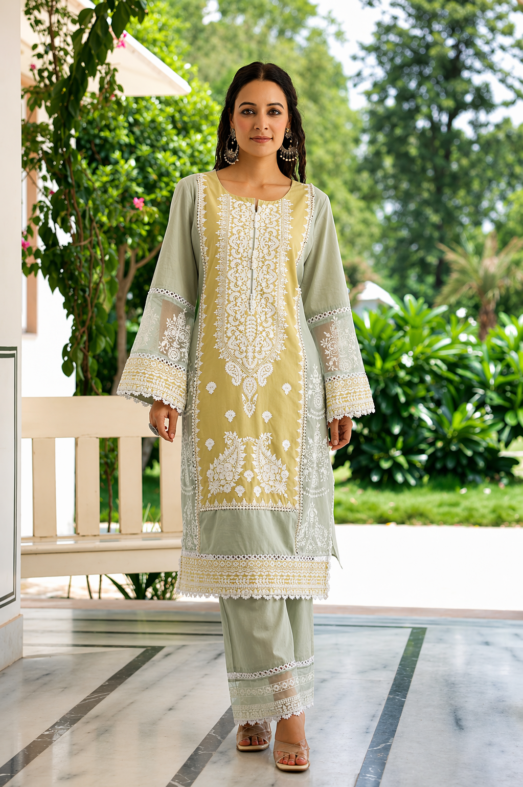 Sage Citron Embroidered Mul Cotton Pant Set