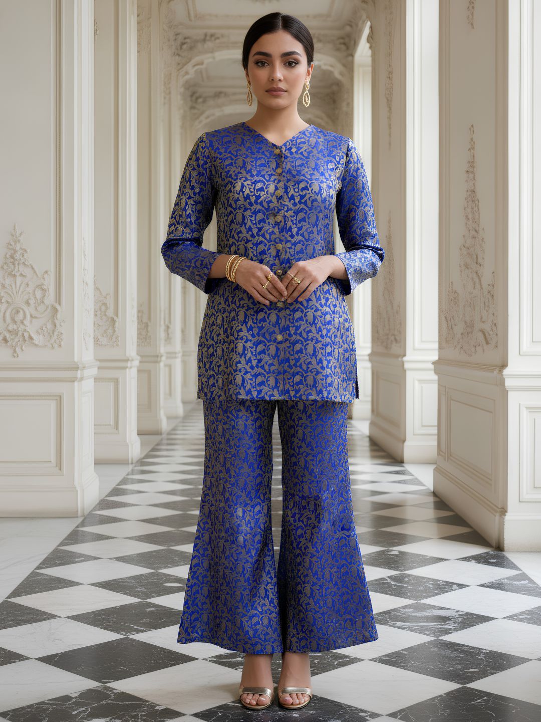 Royal Blue Embellished Jacquard Silk Co-Ord Set