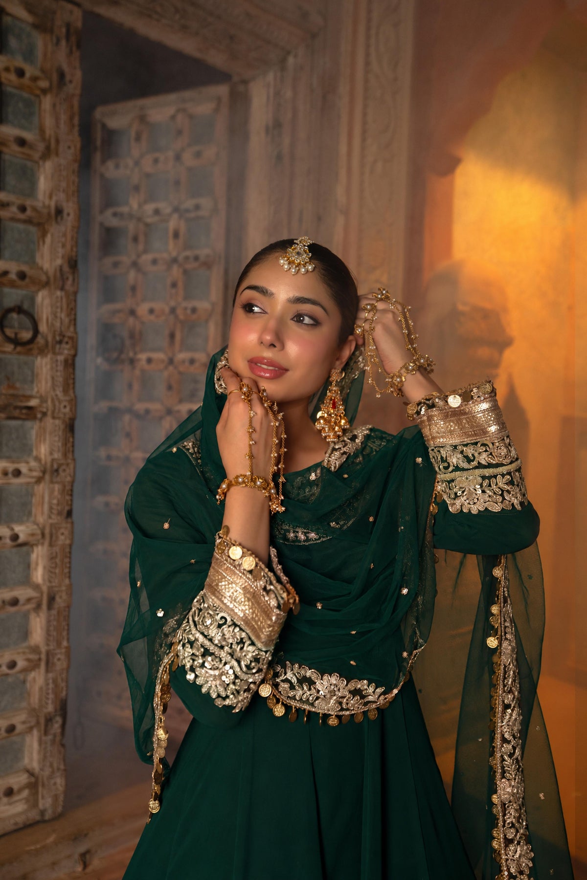 Bottle Green Embellished Georgette Silk Anarkali Set