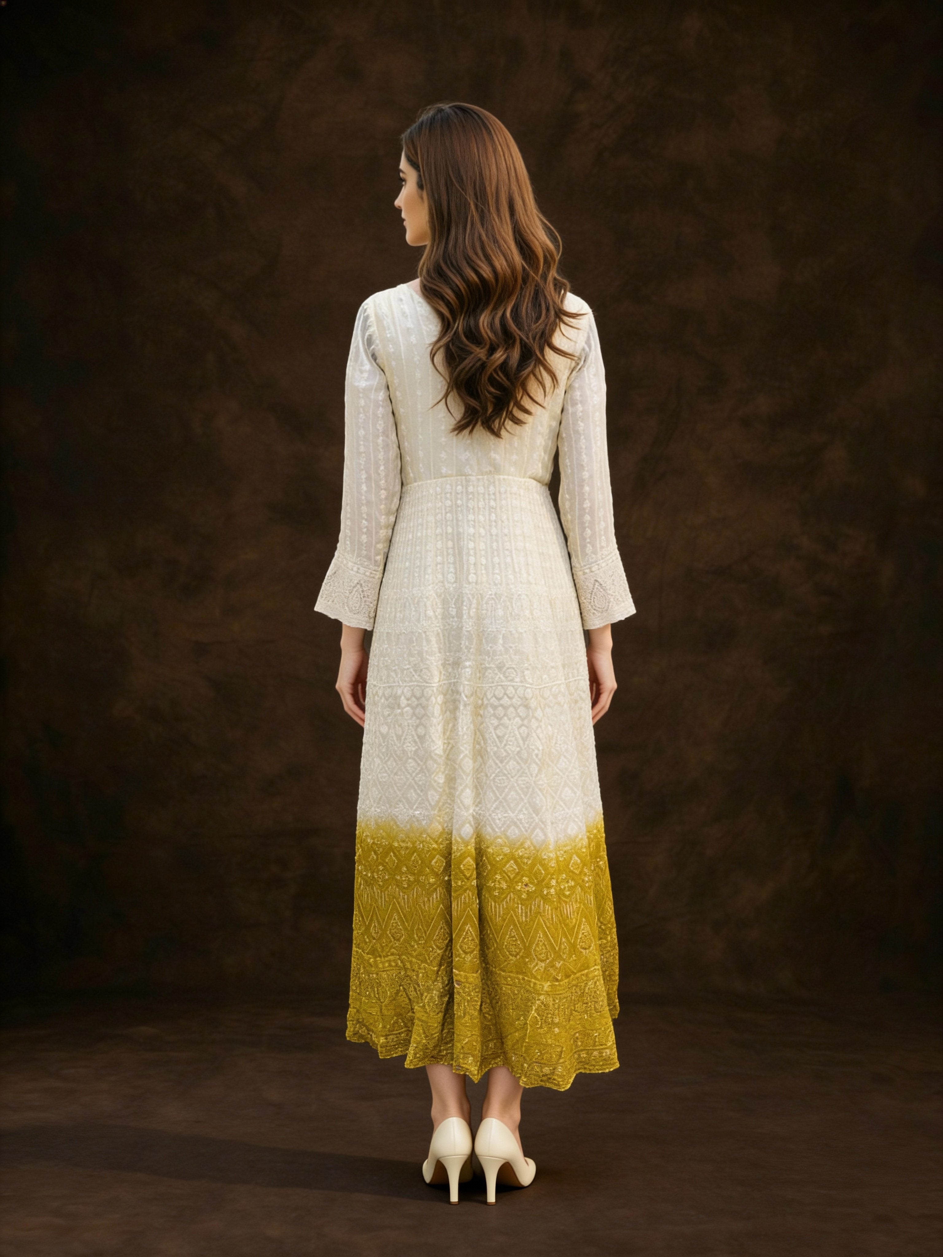 Yellow Ombre Embellished Georgette Silk Anarkali Set