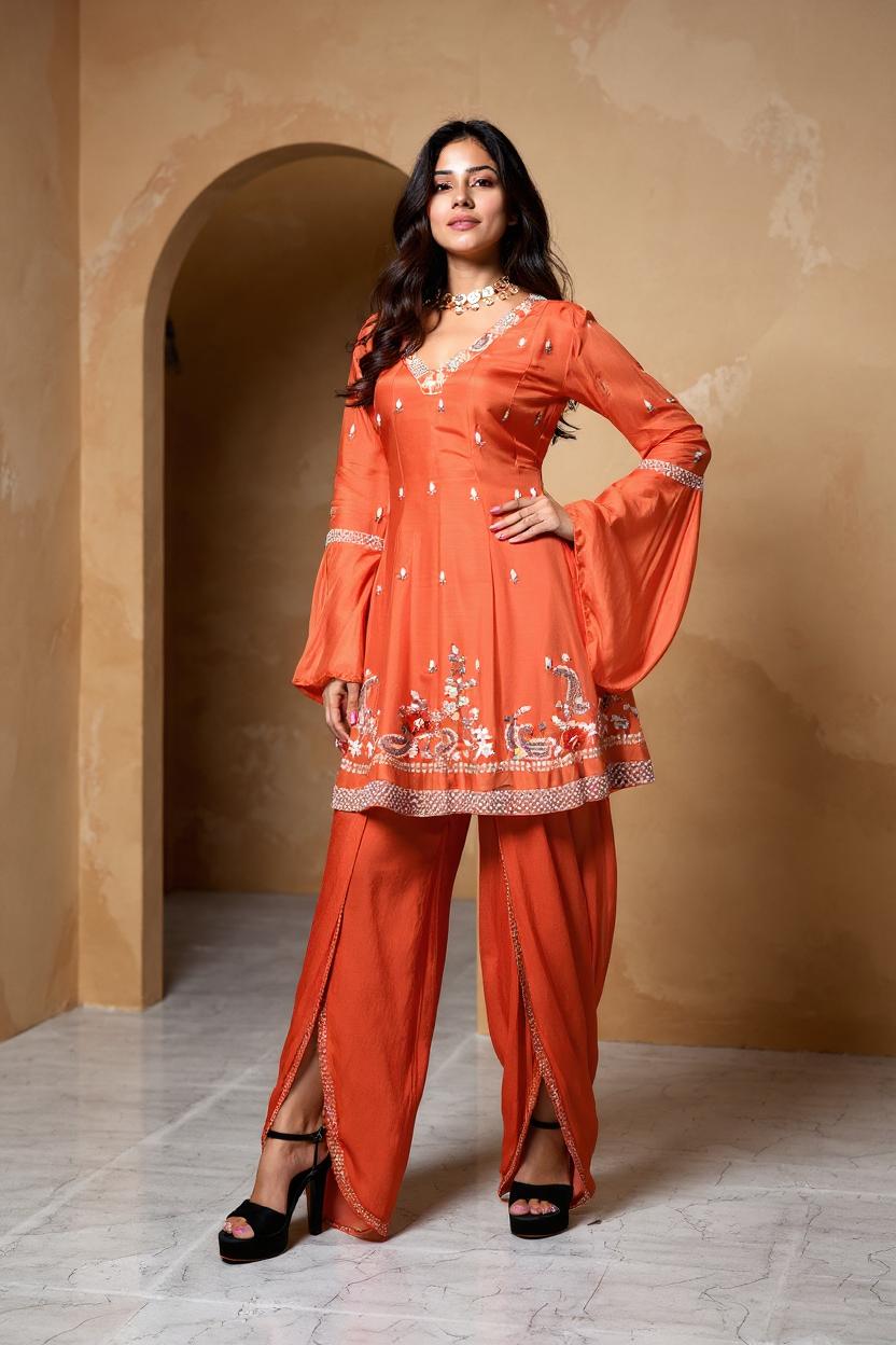 Bright Orange Embellished Viscose Silk Dhoti Set