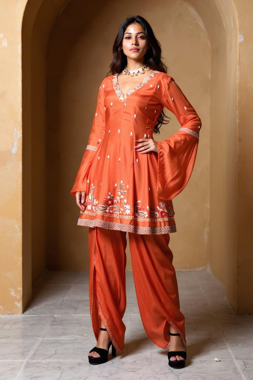 Bright Orange Embellished Viscose Silk Dhoti Set