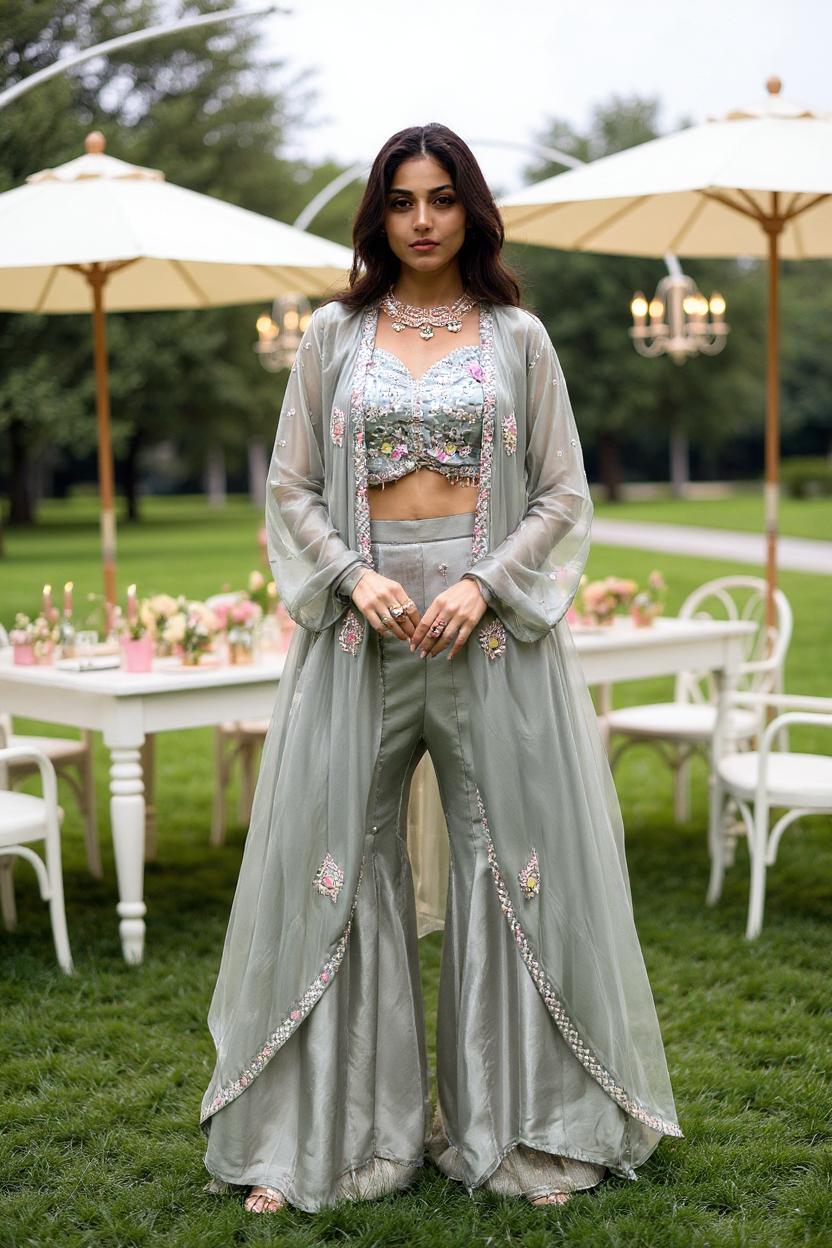 Bright Grey Embellished Viscose Silk Cape Set