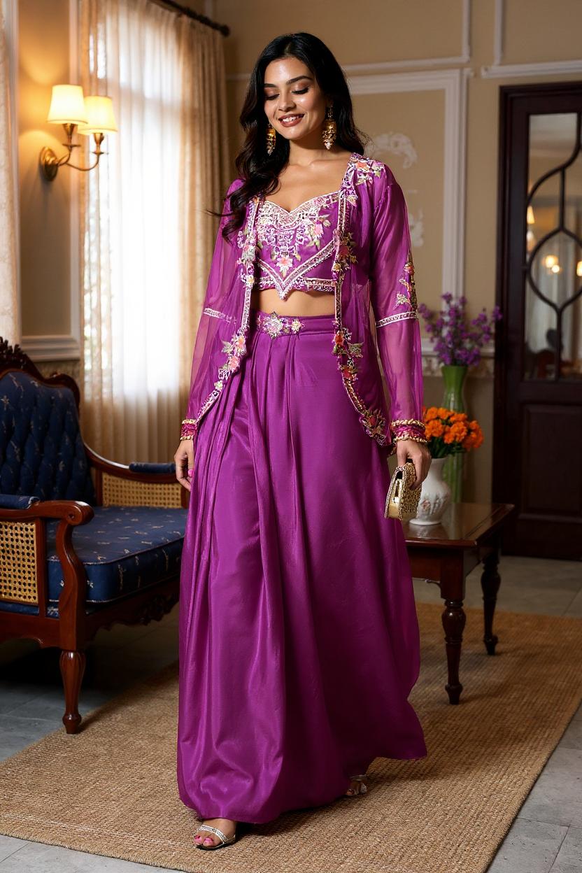 Purple Embellished Viscose Silk Skirt Set