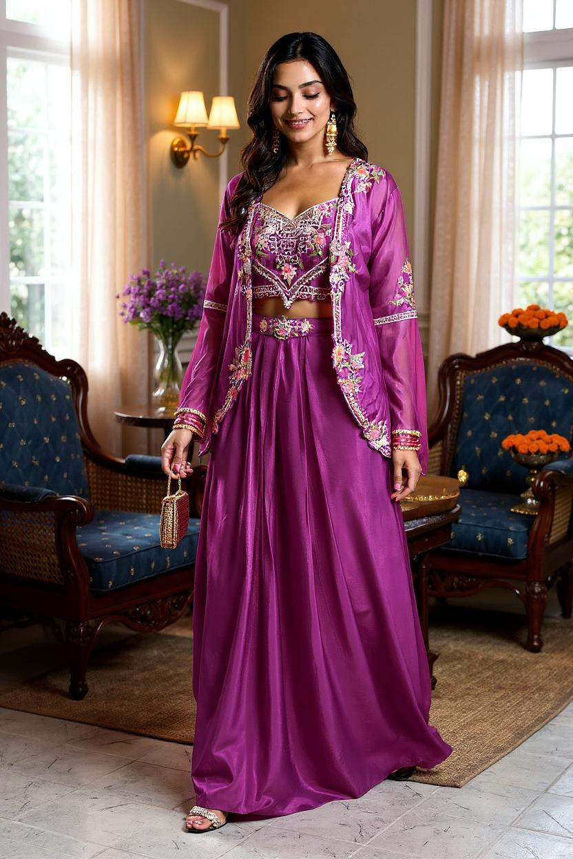 Purple Embellished Viscose Silk Skirt Set