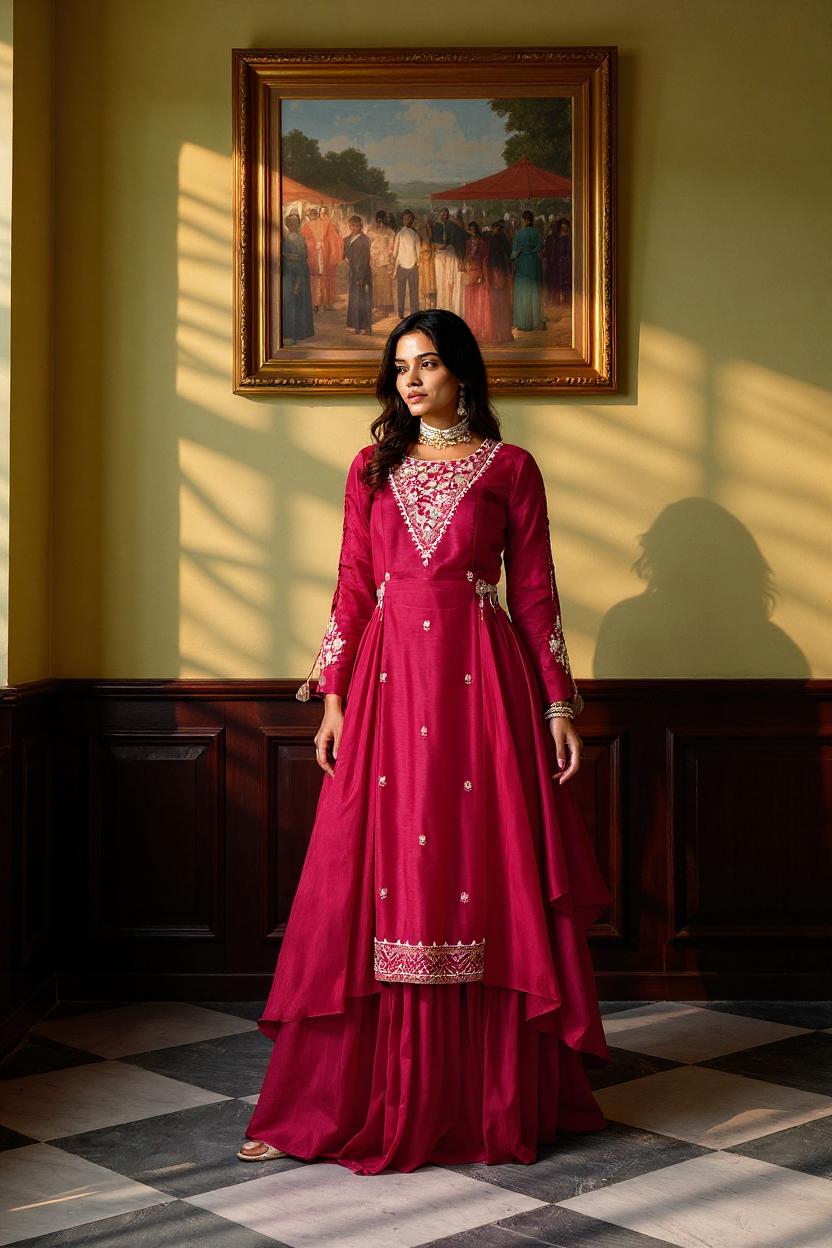 Cherry Red Embellished Viscose Silk Skirt Set