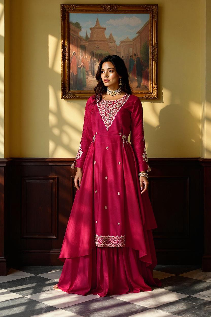 Cherry Red Embellished Viscose Silk Skirt Set