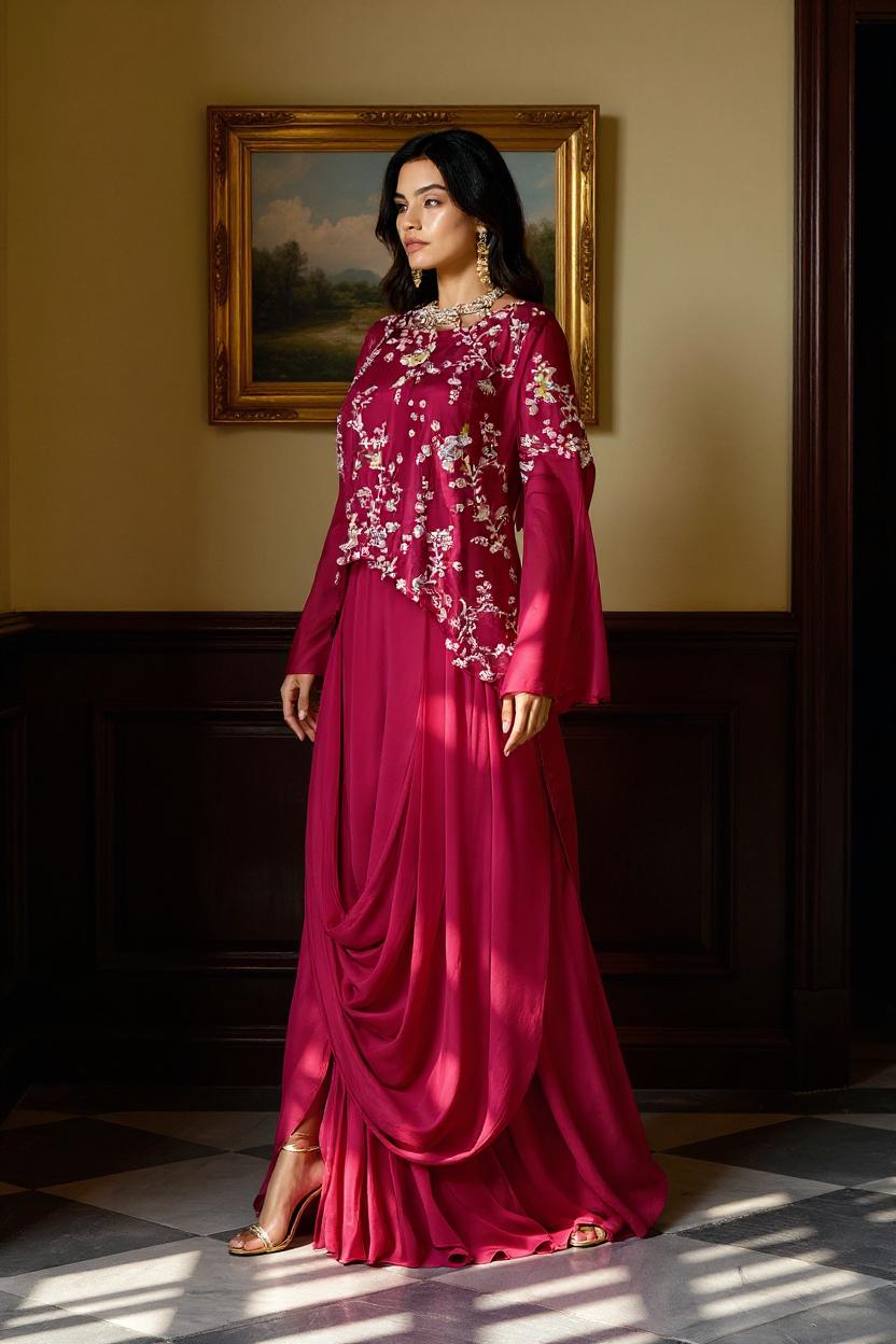 Cranberry Pink Embellished Viscose Silk Skirt Set