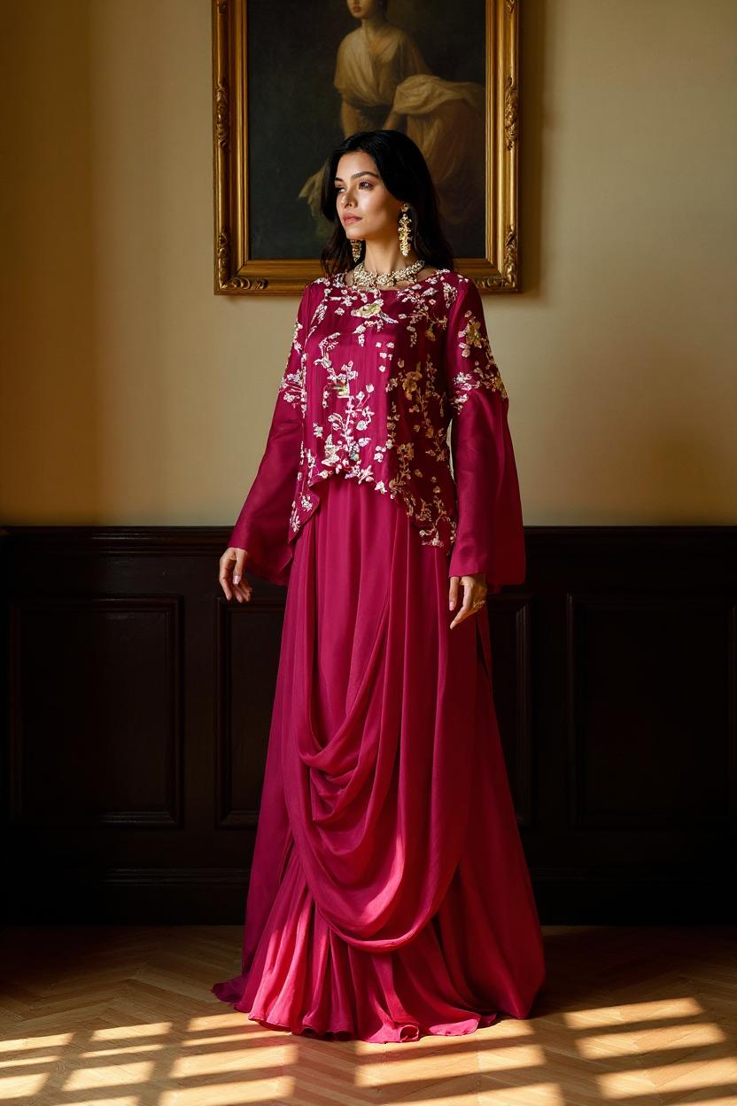 Cranberry Pink Embellished Viscose Silk Skirt Set