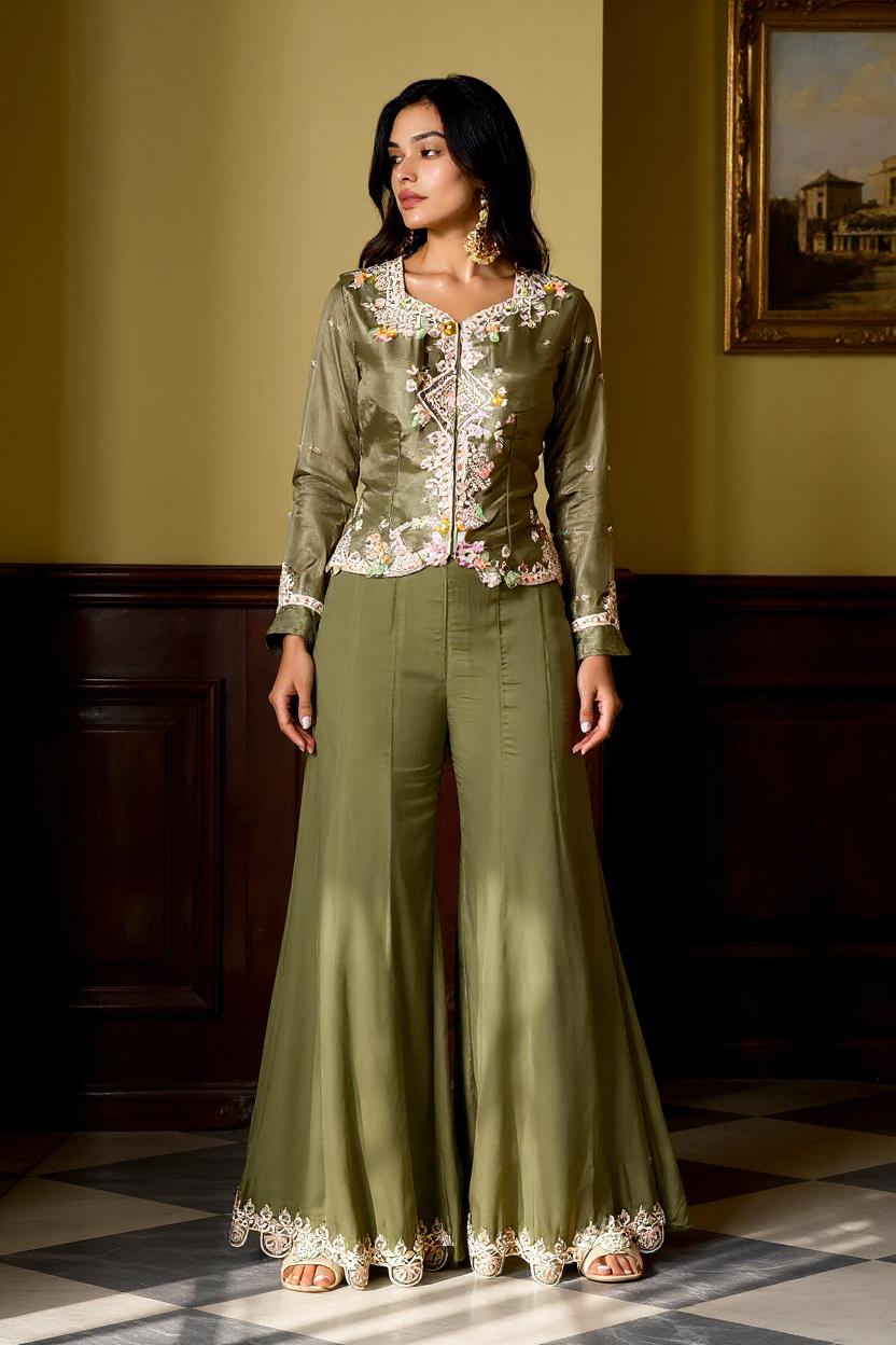 Green Embellished Viscose Silk Skirt Set