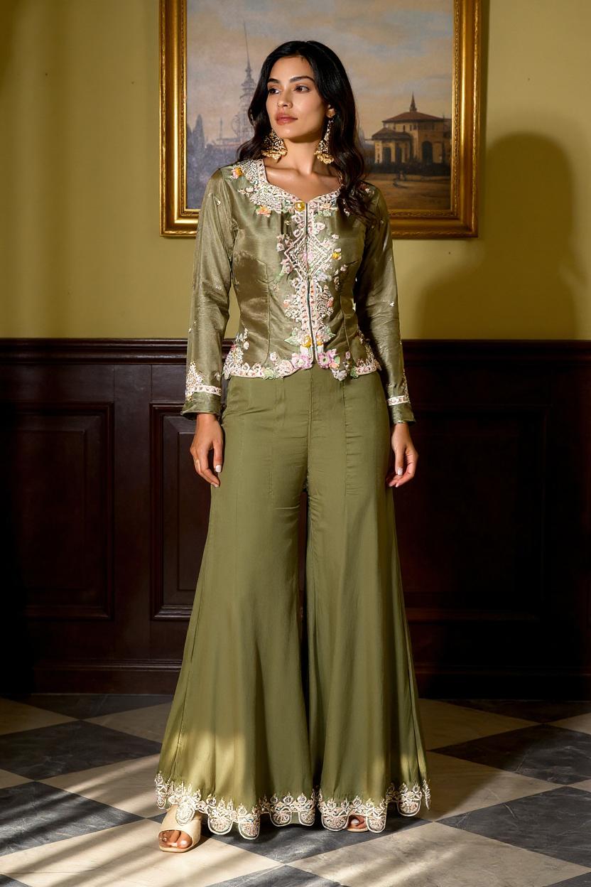Green Embellished Viscose Silk Skirt Set