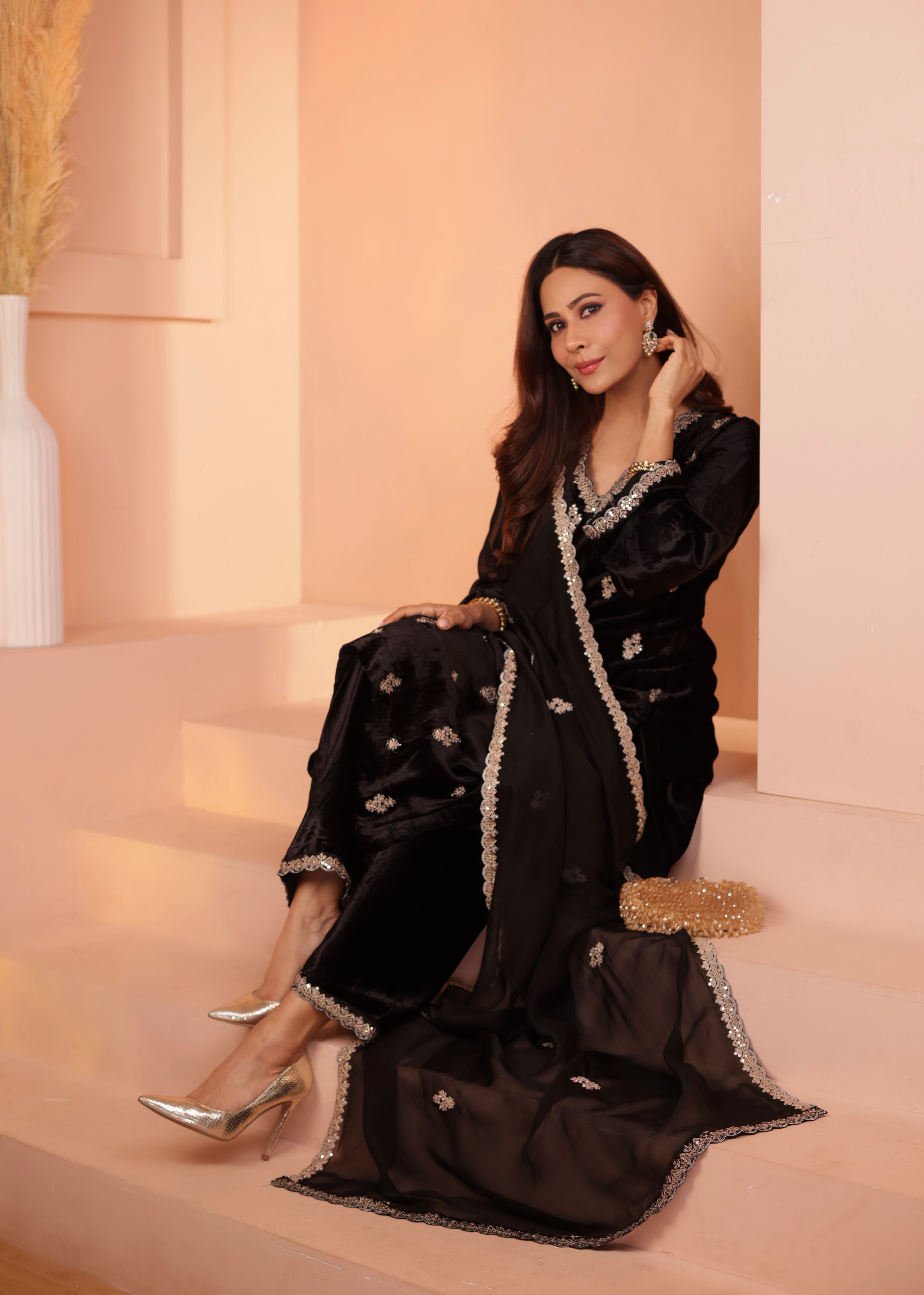 Classic Black Embellished Premium Velvet Pant Set