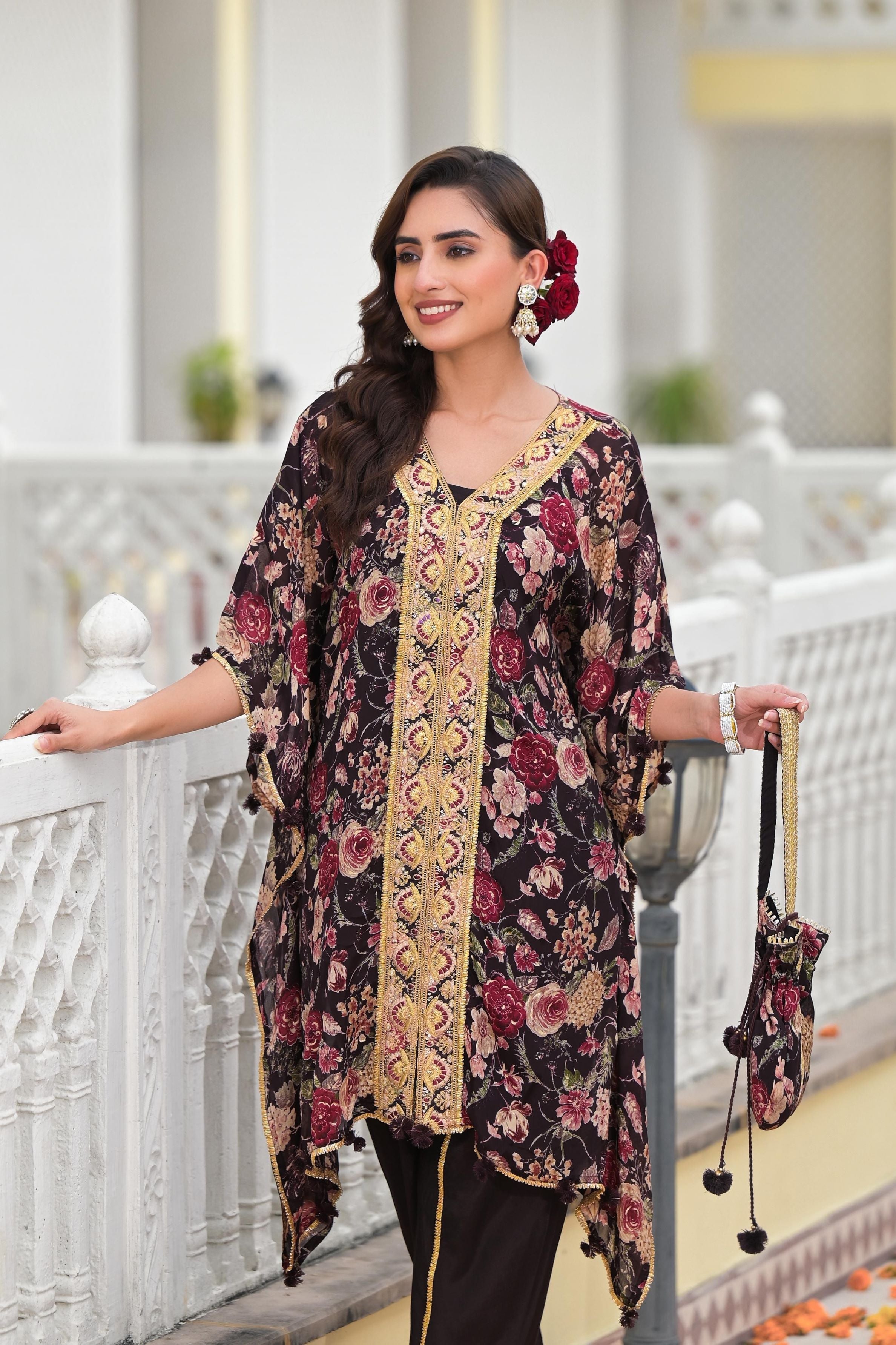 Wine Floral Printed Italian Silk Kaftan Set