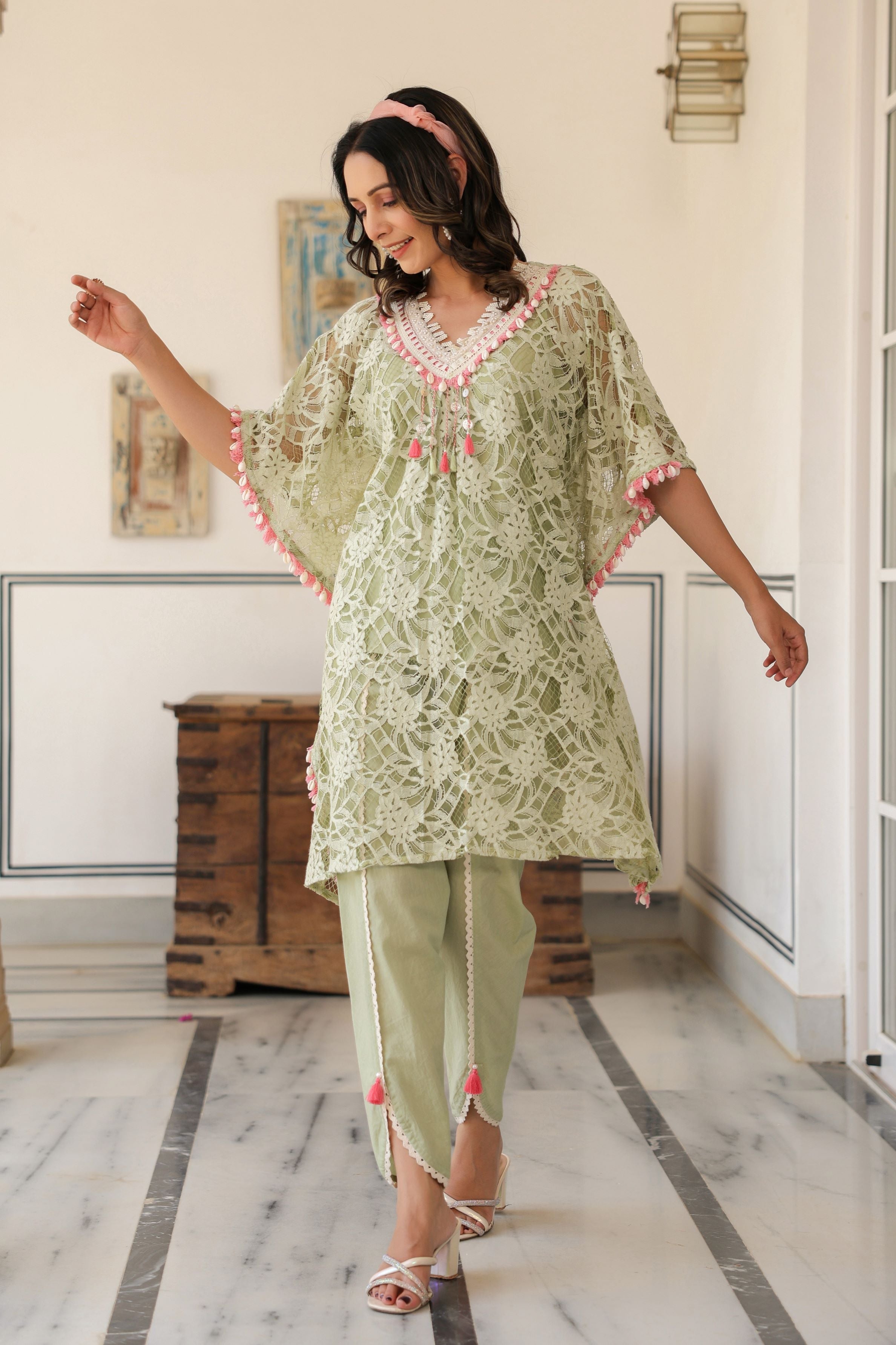 Light Green Embroidered Premium Net Kaftan Dhoti Set