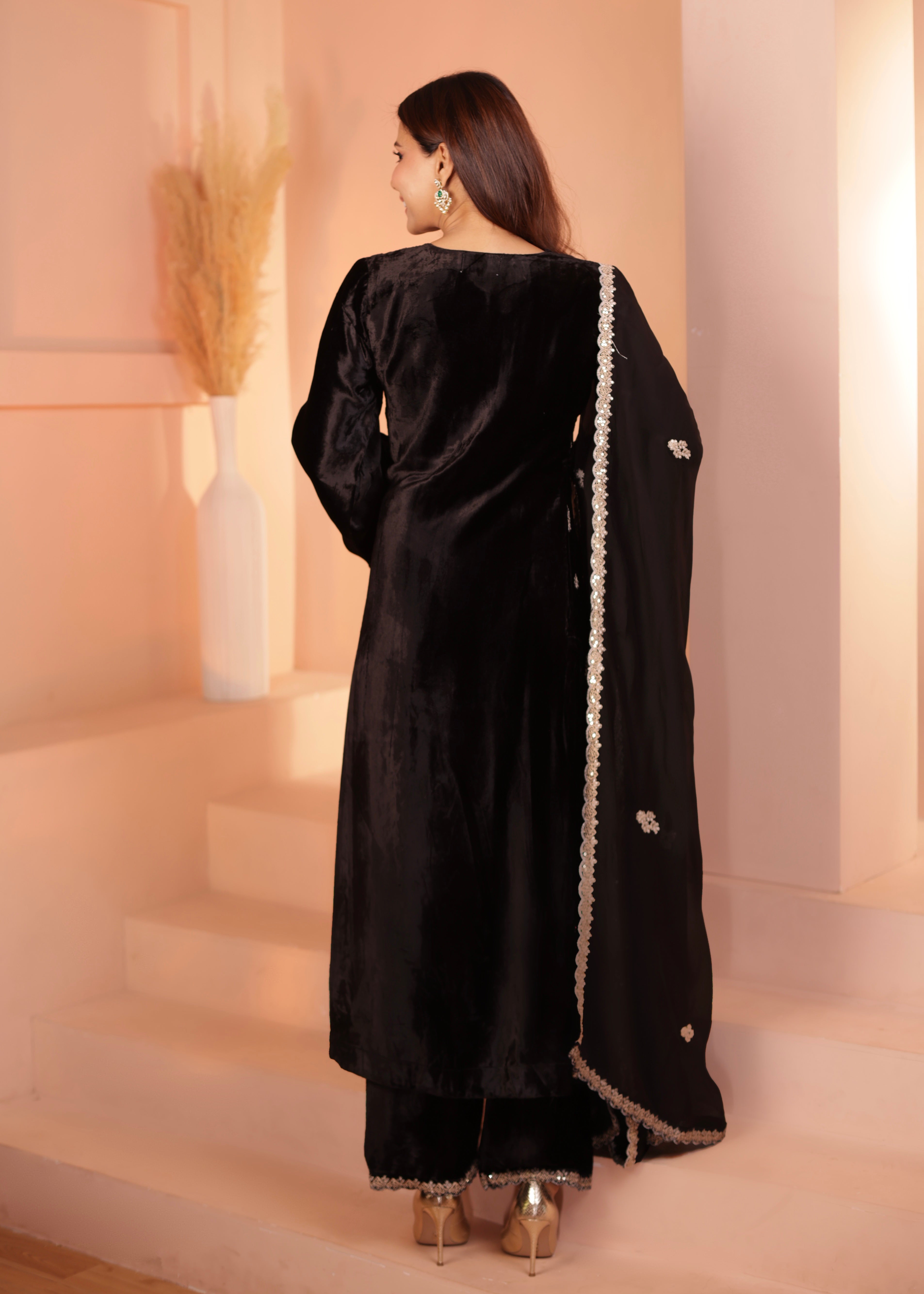 Classic Black Embellished Premium Velvet Pant Set