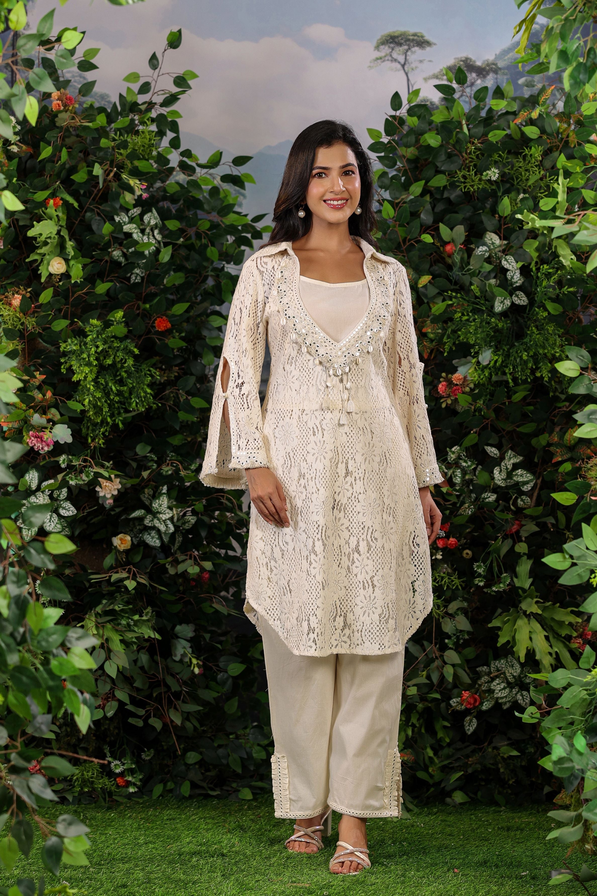 Pastel Cream Embroidered Belgium Net Kurta Set