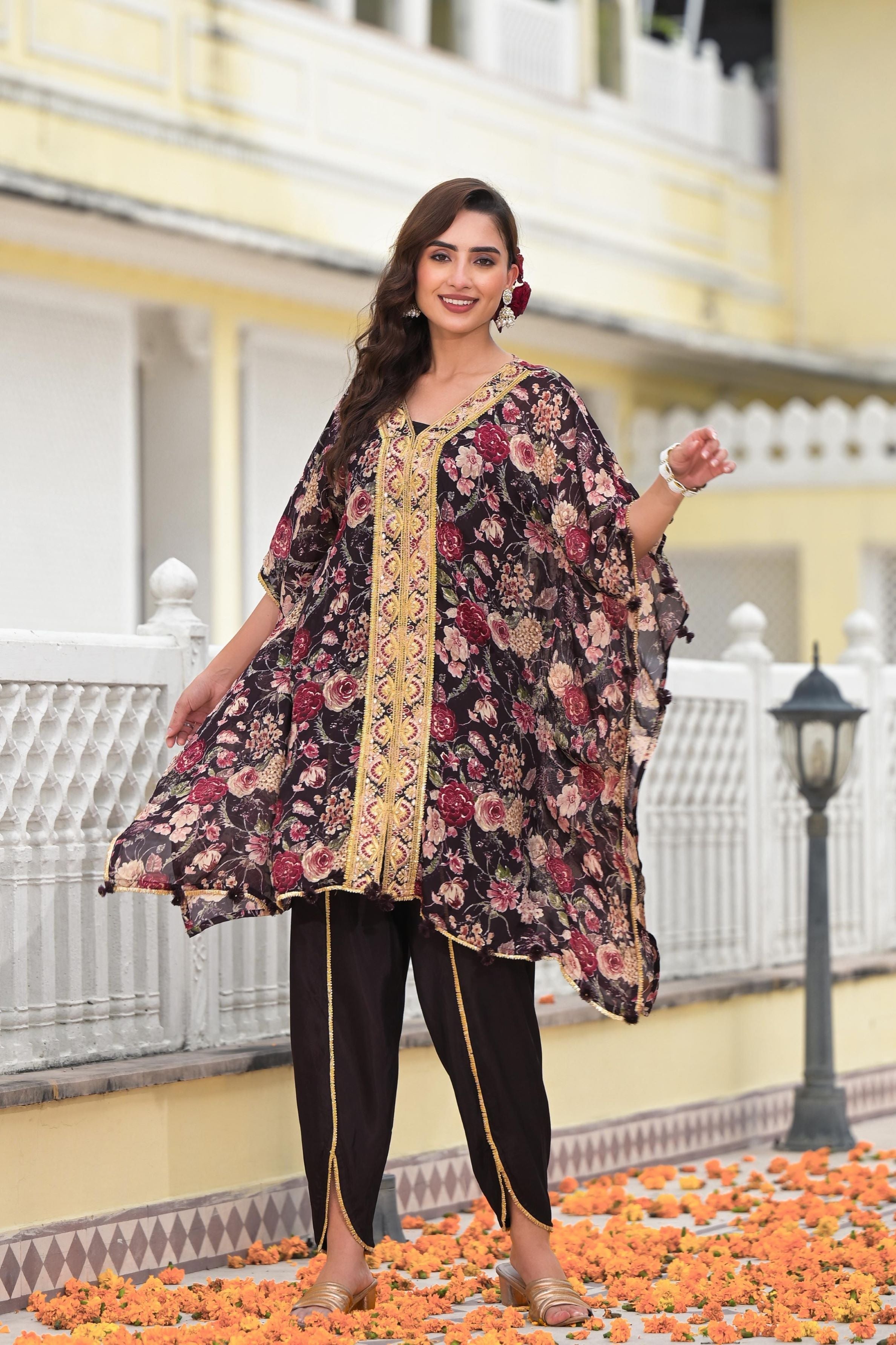 Wine Floral Printed Italian Silk Kaftan Set