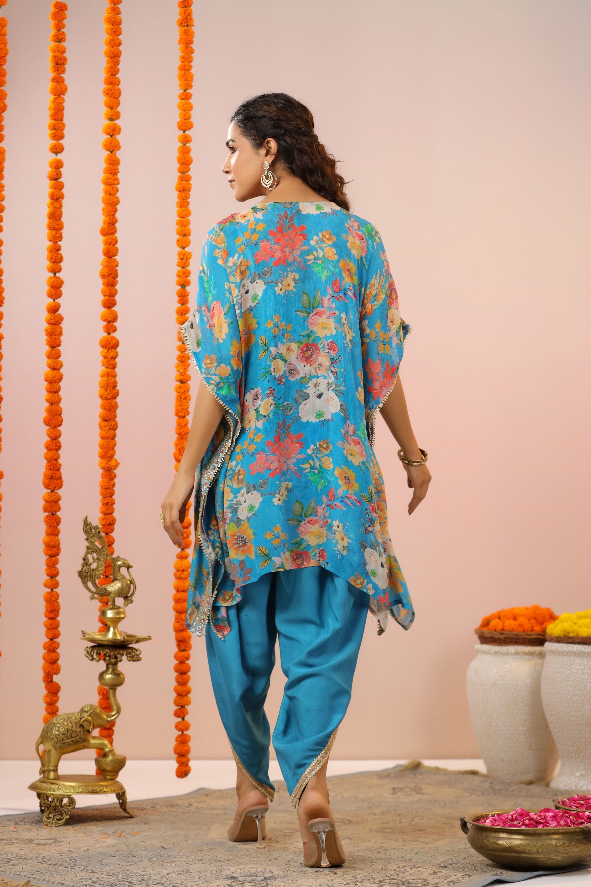 Blue Floral Printed Chinon Silk Kaftan Set