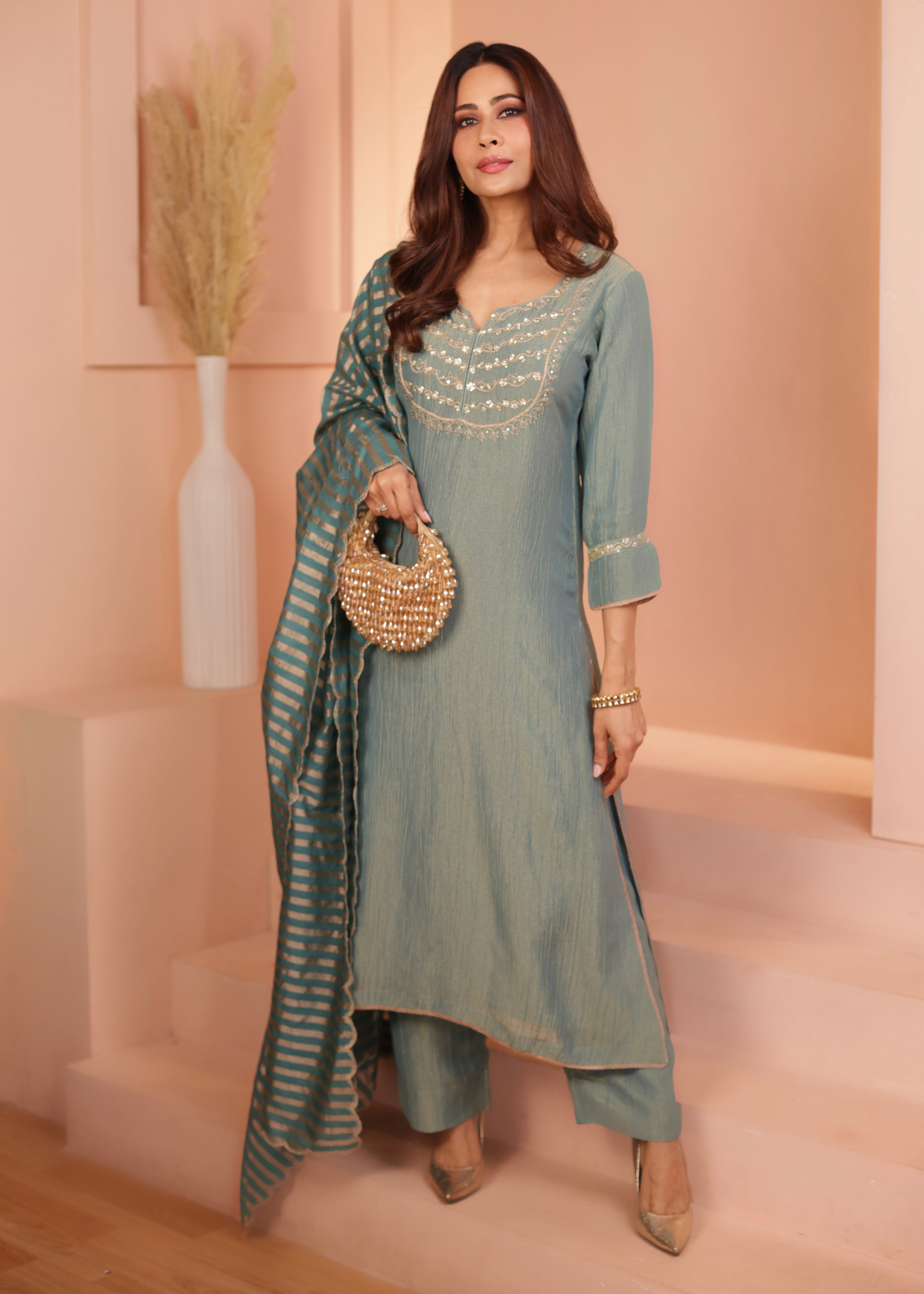 Dusty Blue Embroidered Crushed Tissue Silk Pant Set