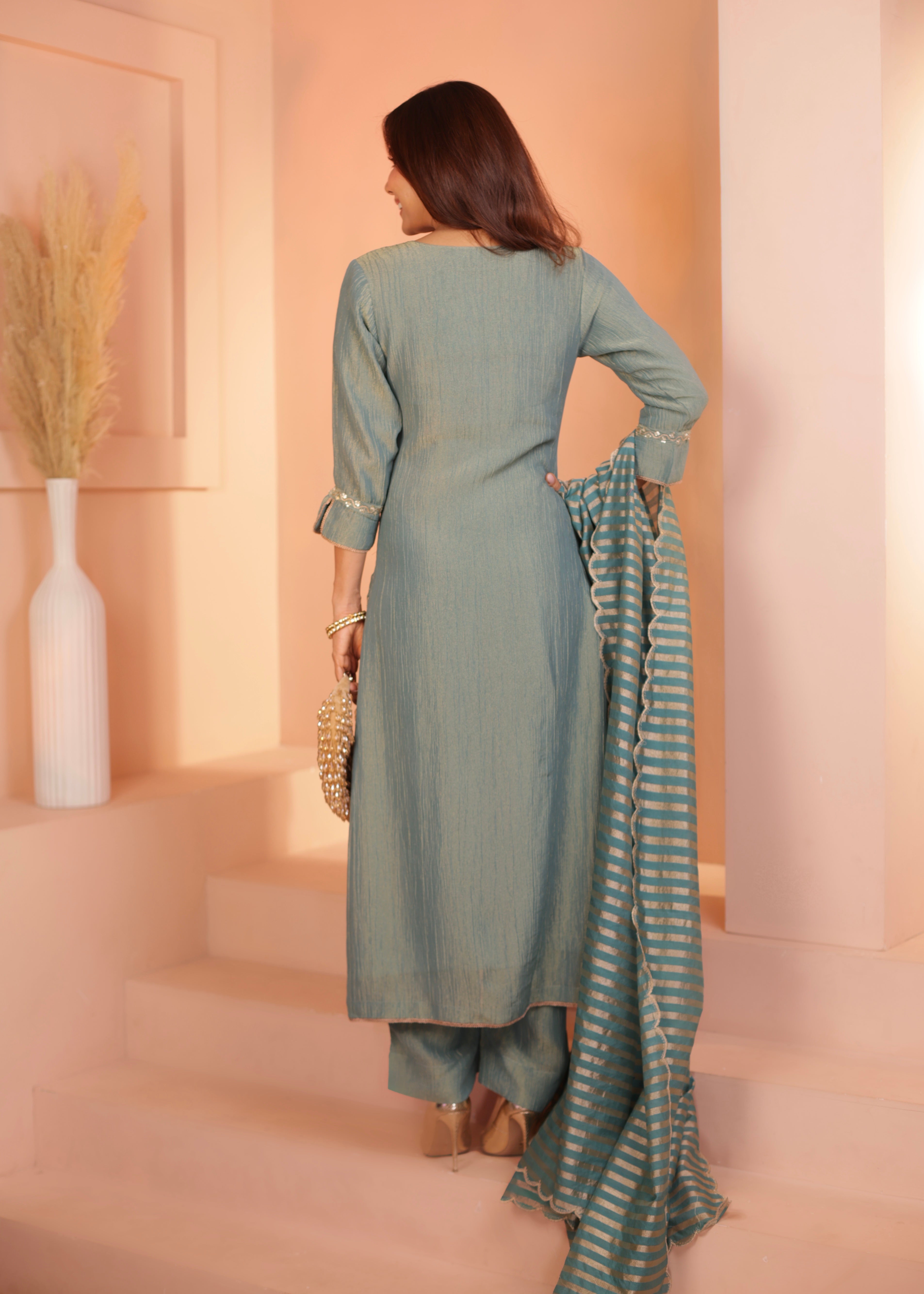 Dusty Blue Embroidered Crushed Tissue Silk Pant Set