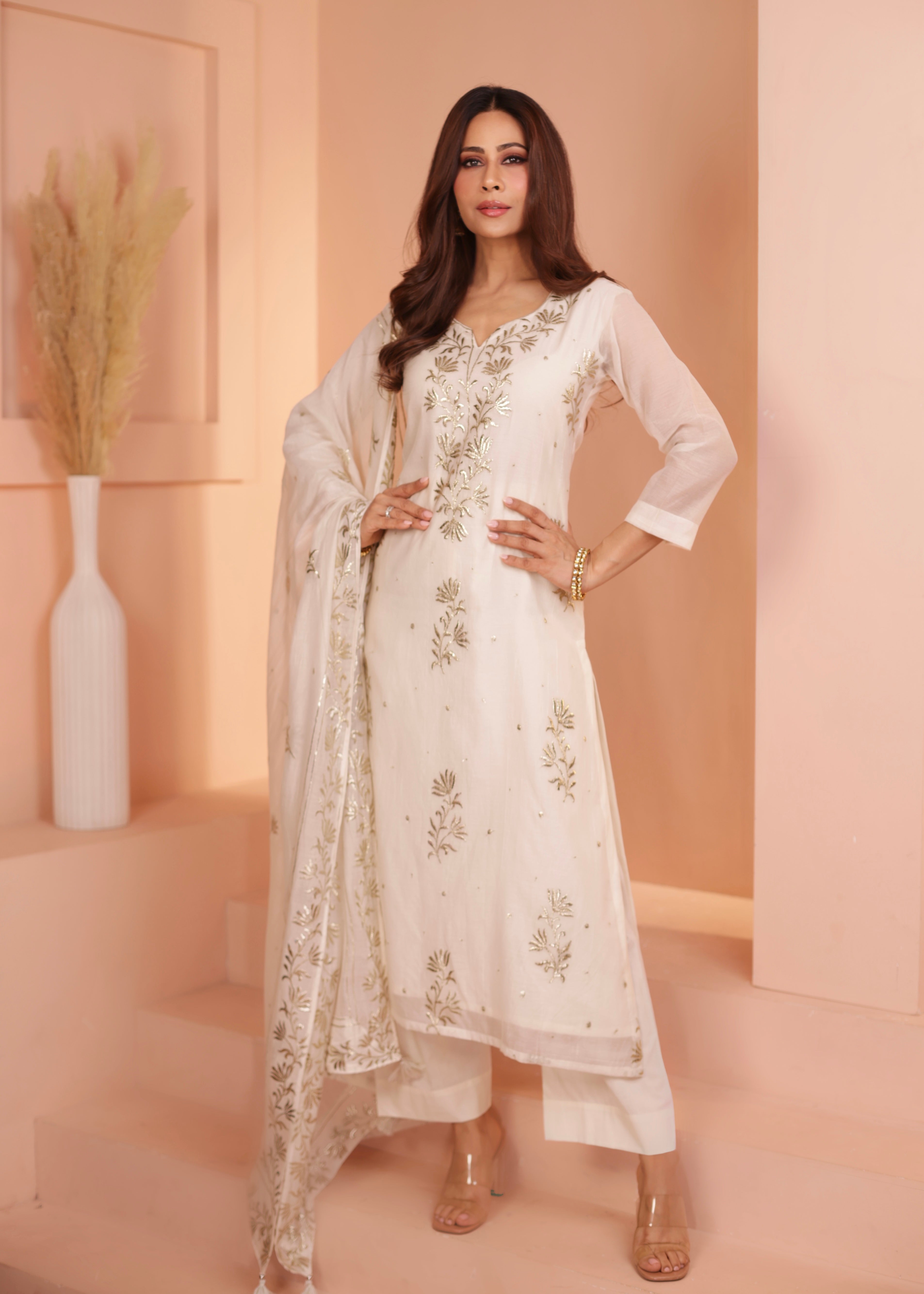 Ivory Embroidered Mul-Chanderi Silk Pant Set