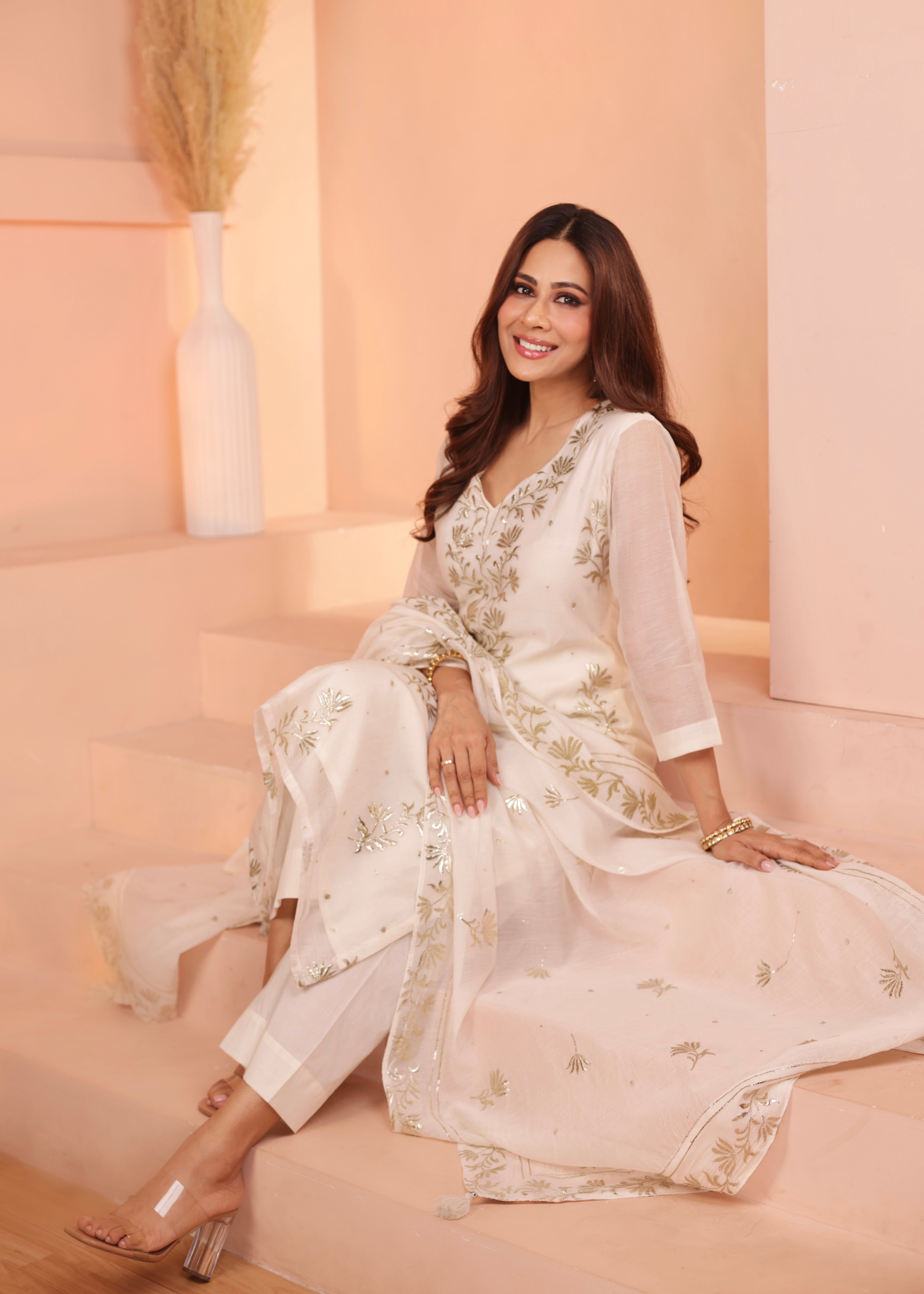 Ivory Embroidered Mul-Chanderi Silk Pant Set