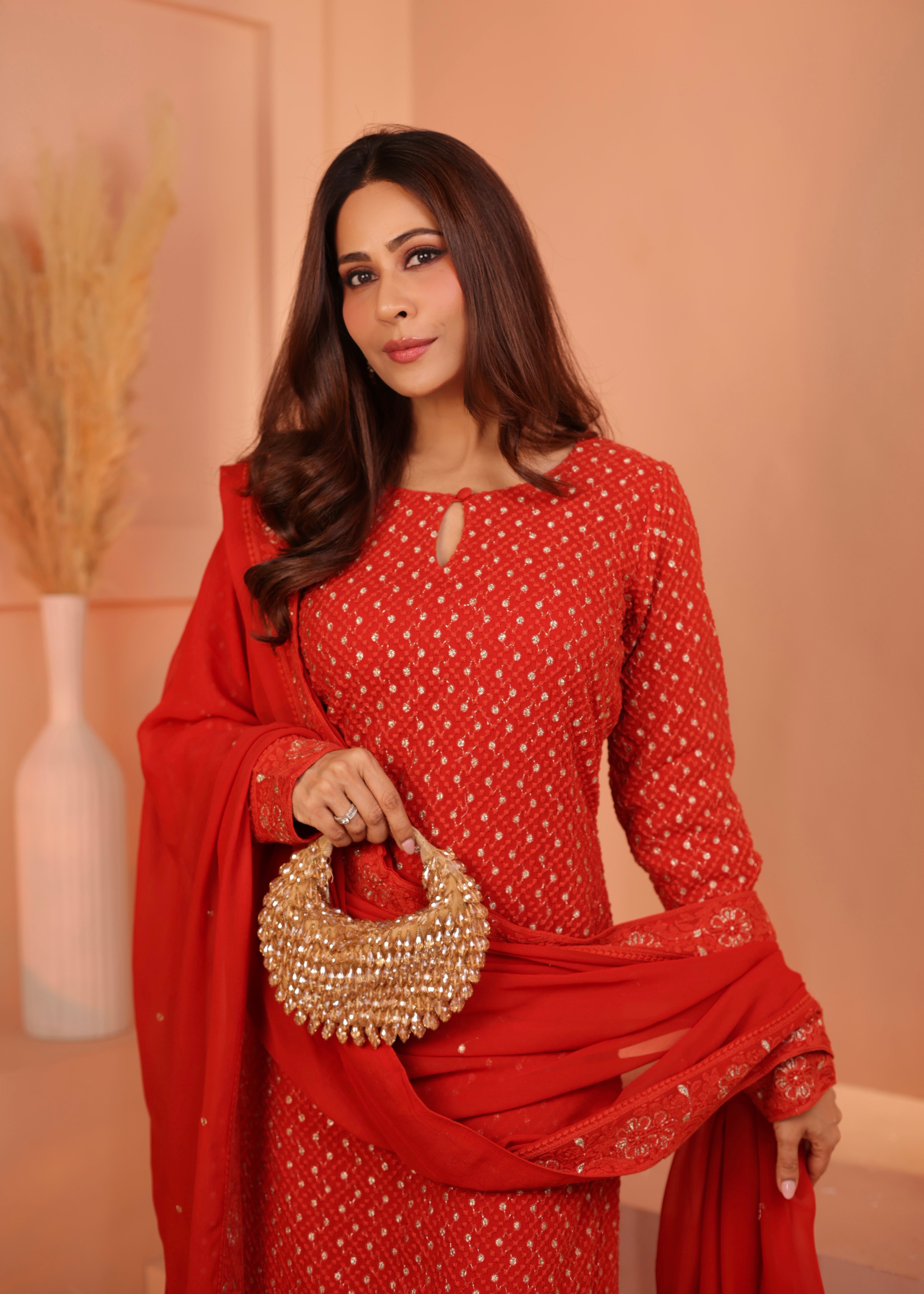 Bright Red Embellished Georgette Silk Pant Set