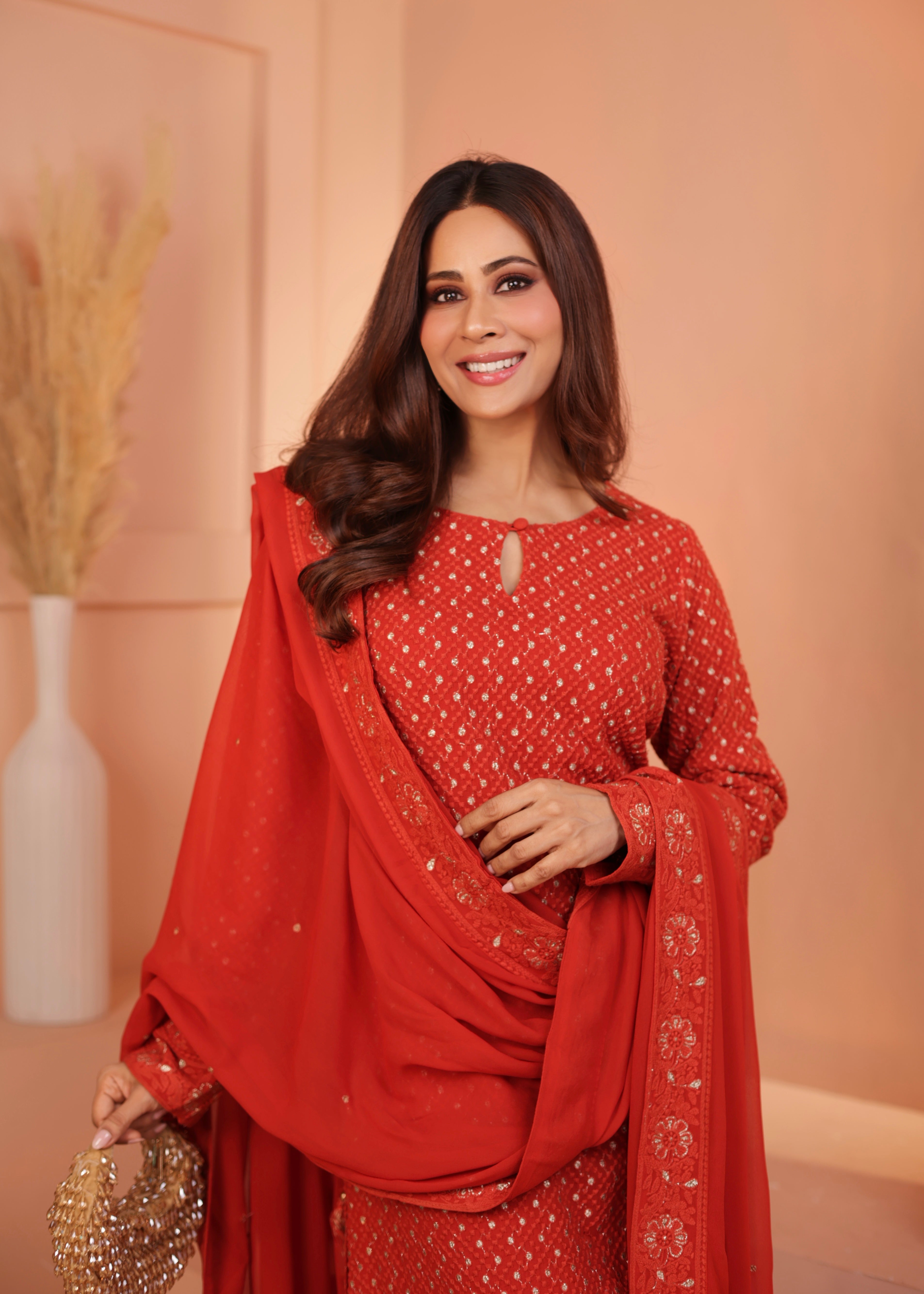 Bright Red Embellished Georgette Silk Pant Set