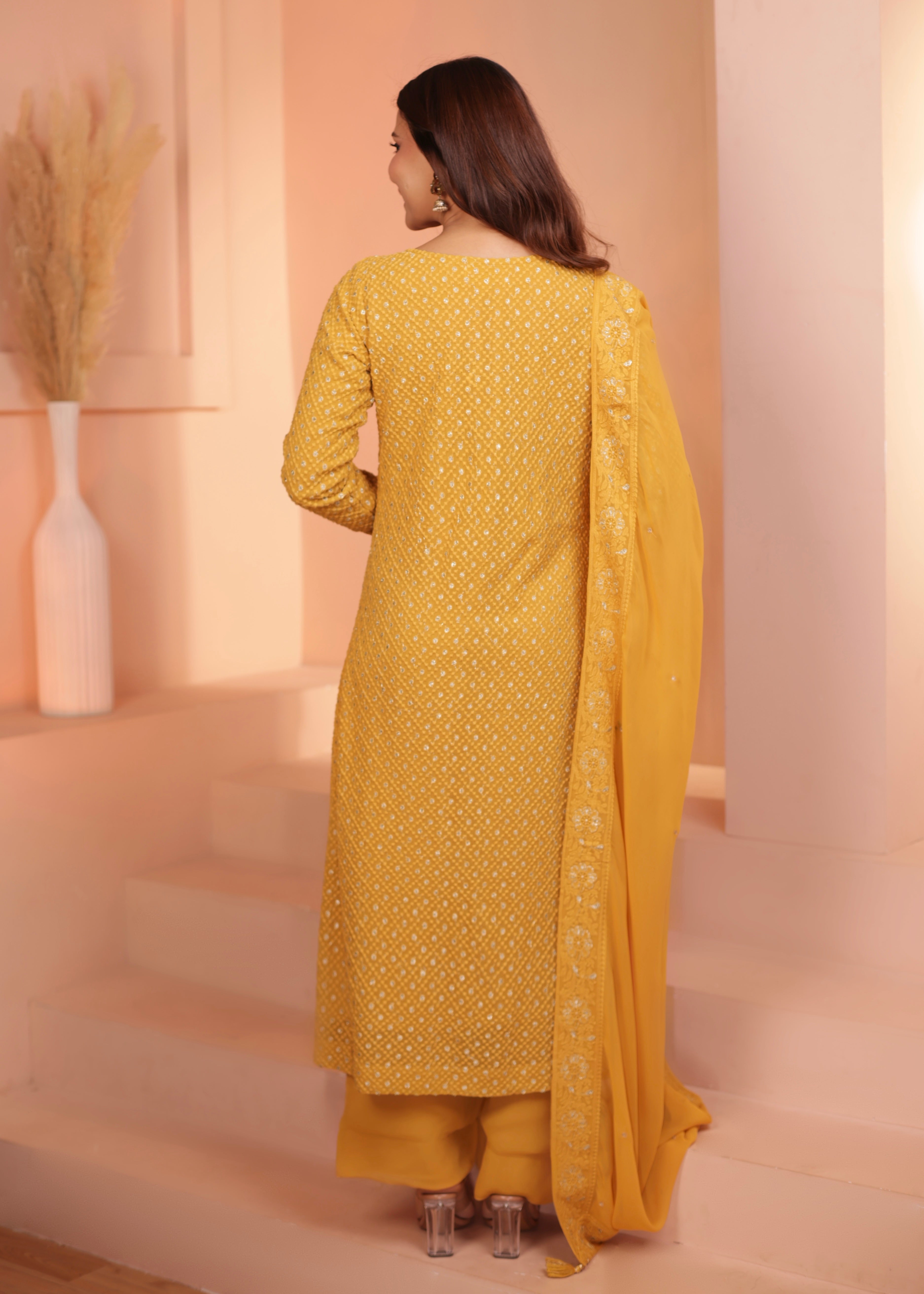 Bright Yellow Embellished Georgette Silk Pant Set