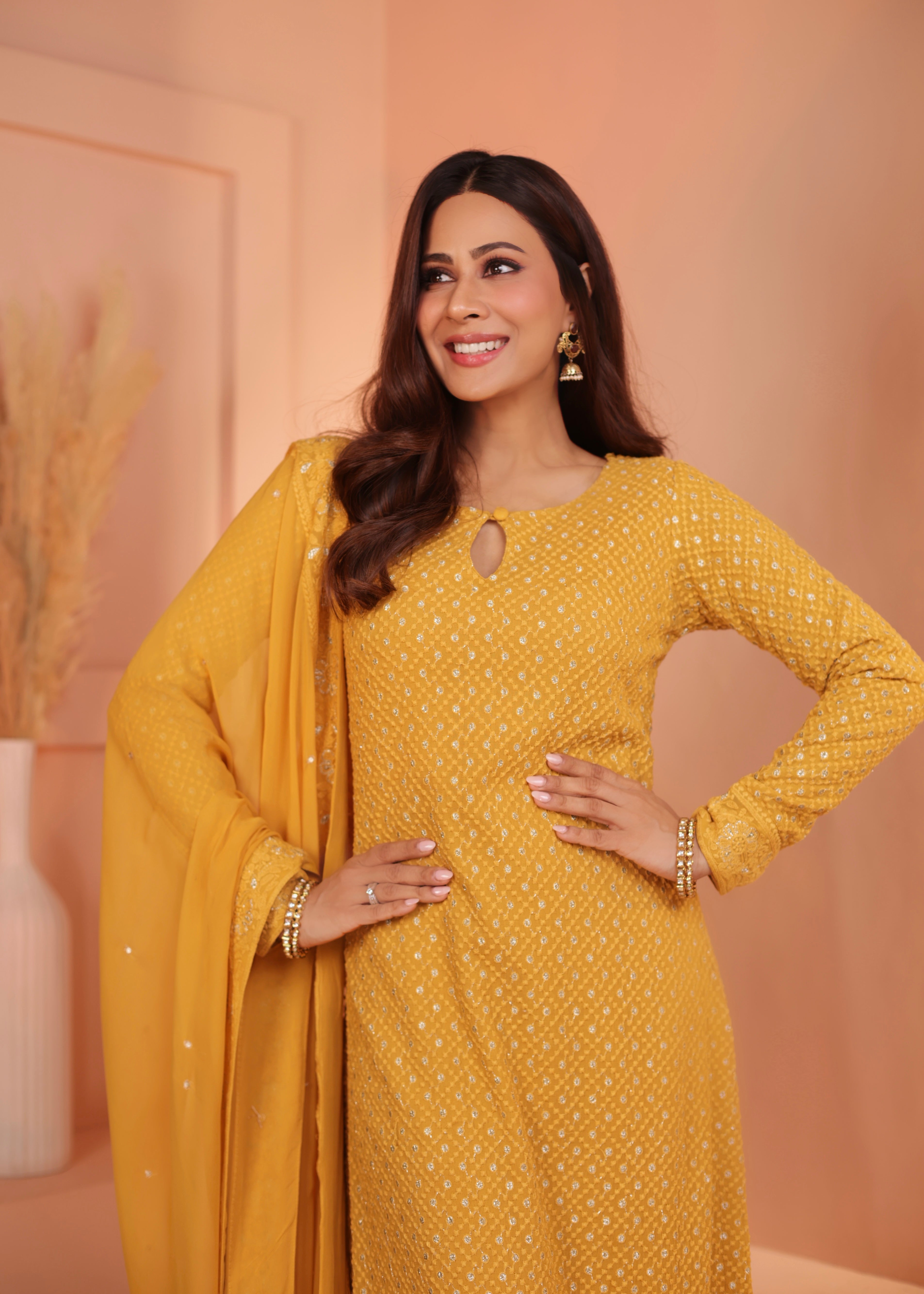 Bright Yellow Embellished Georgette Silk Pant Set