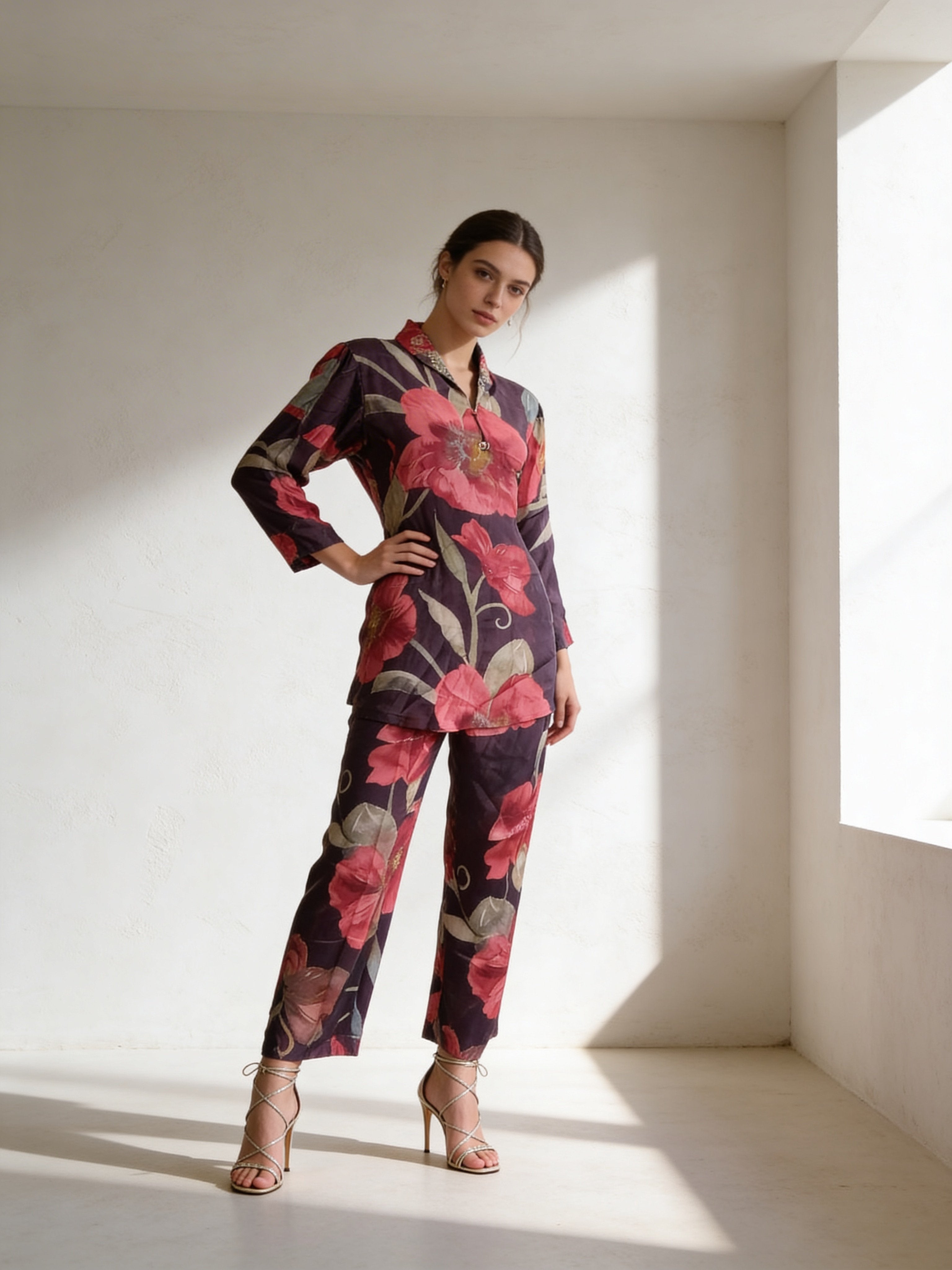 Brown Floral Crepe Silk Co-ord Set