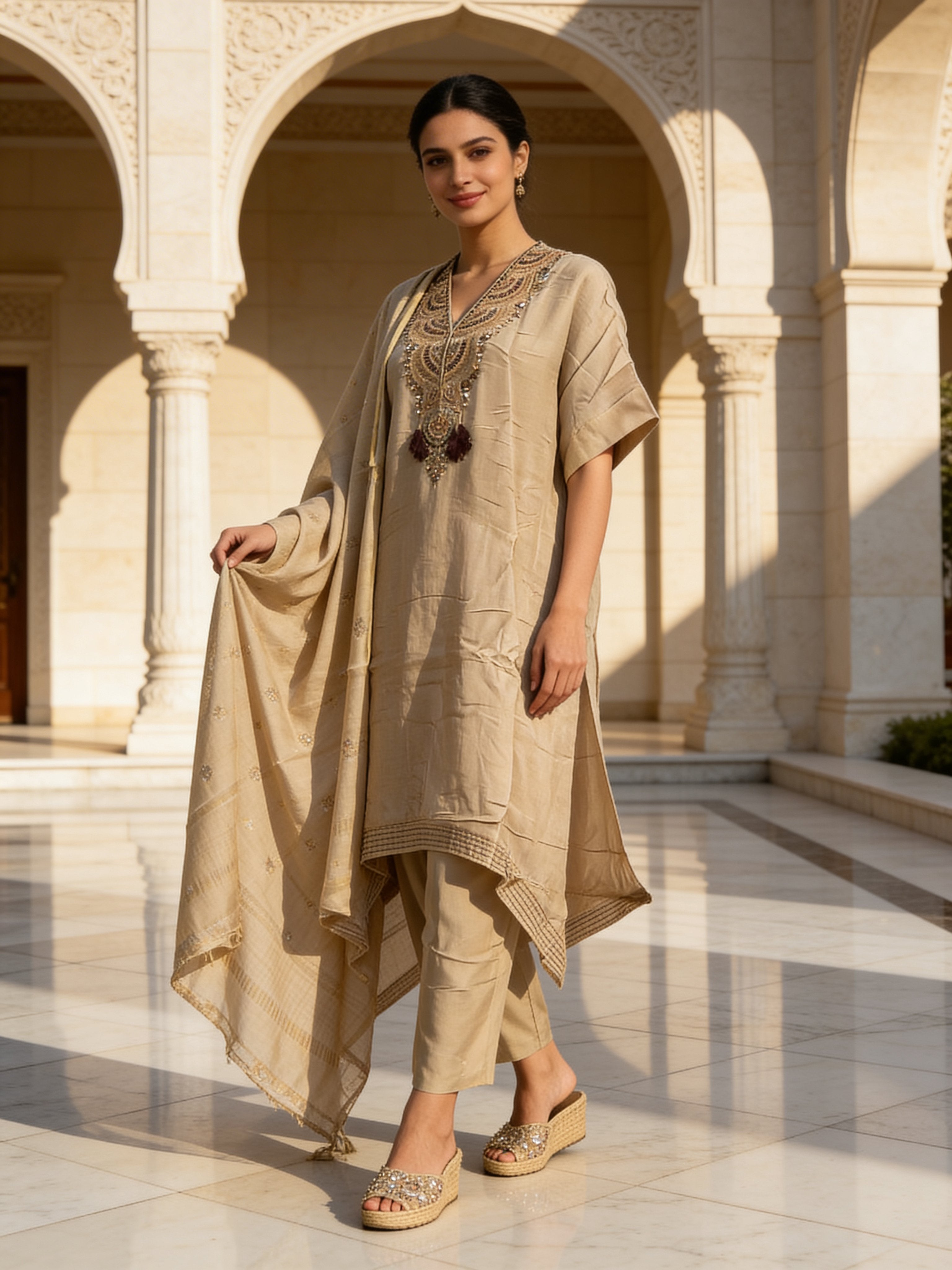 Champagne Embellished Raw Silk Pant Set