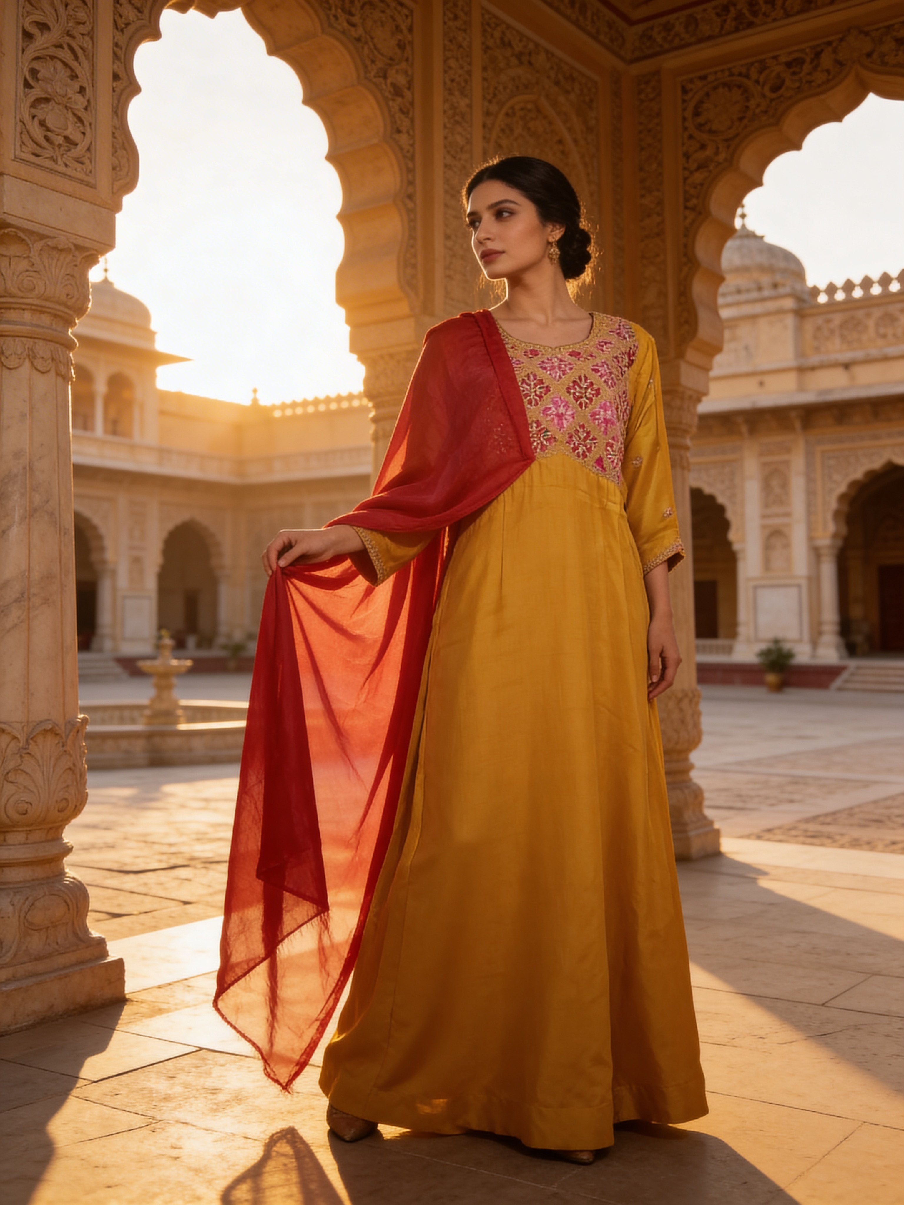 Mustard Embellished Premium Raw Silk Anarkali