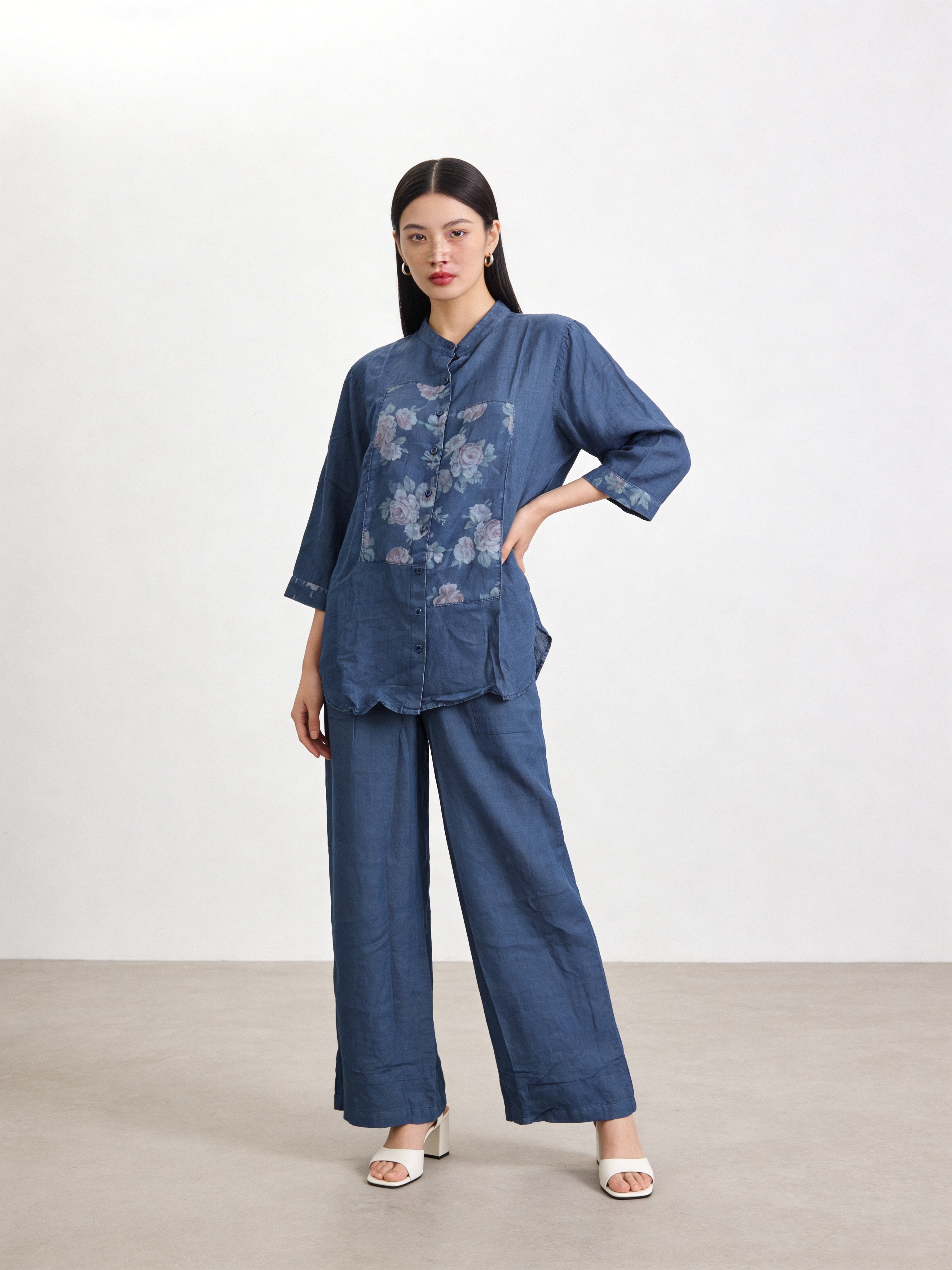 Denim Blue Printed Raw Silk Co-Ord Set