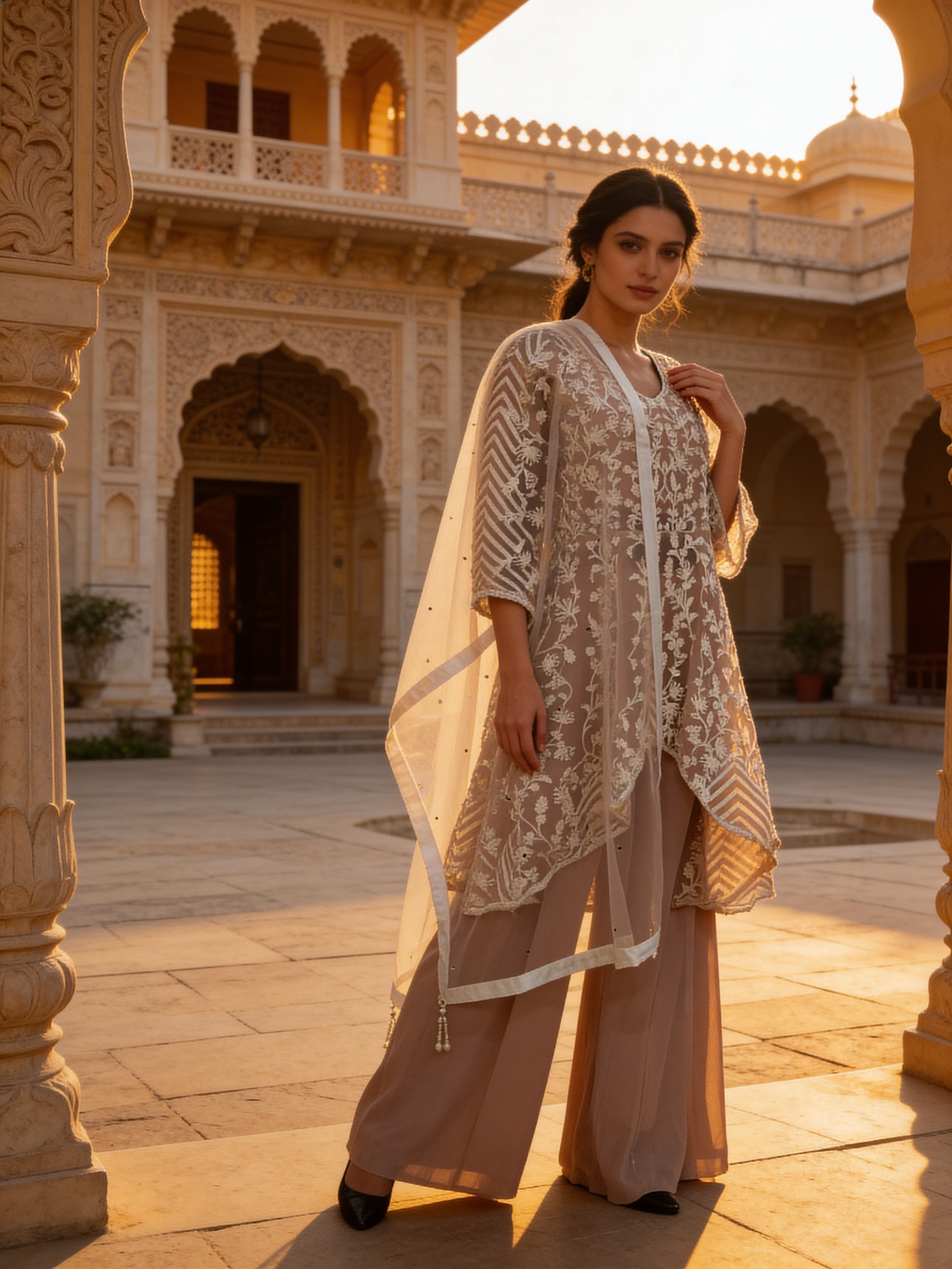 Light Peach Embroidered Georgette Silk Palazzo Set